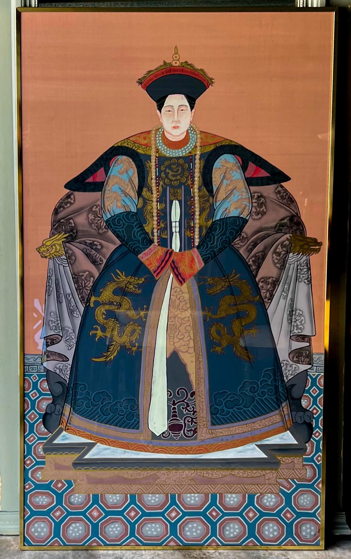 Pair Of Large Scale Framed Chinese Ancestor Portraits, Oil On Silk In Good Condition In Kennesaw, GA