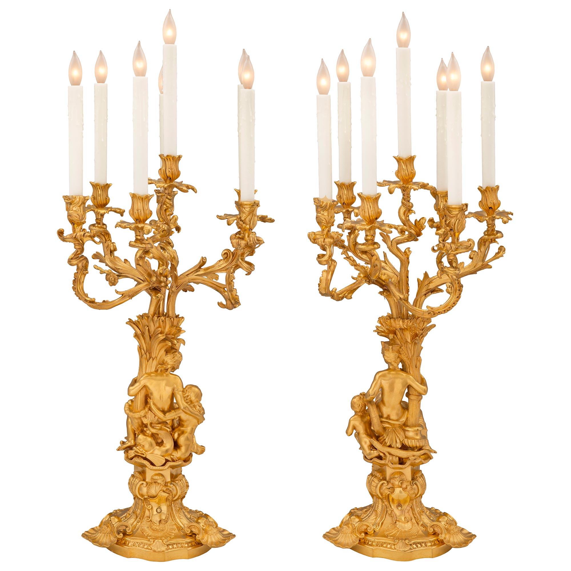 Une paire de lampes candélabres en bronze doré Louis XV de grande taille et de très haute qualité. Chaque candélabre à sept bras est surélevé par une belle base festonnée merveilleusement exécutée avec une fine bordure cannelée mouchetée avec trois