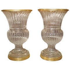 Pair of Large Scale French Cut Crystal and Gilt Bronze Vases