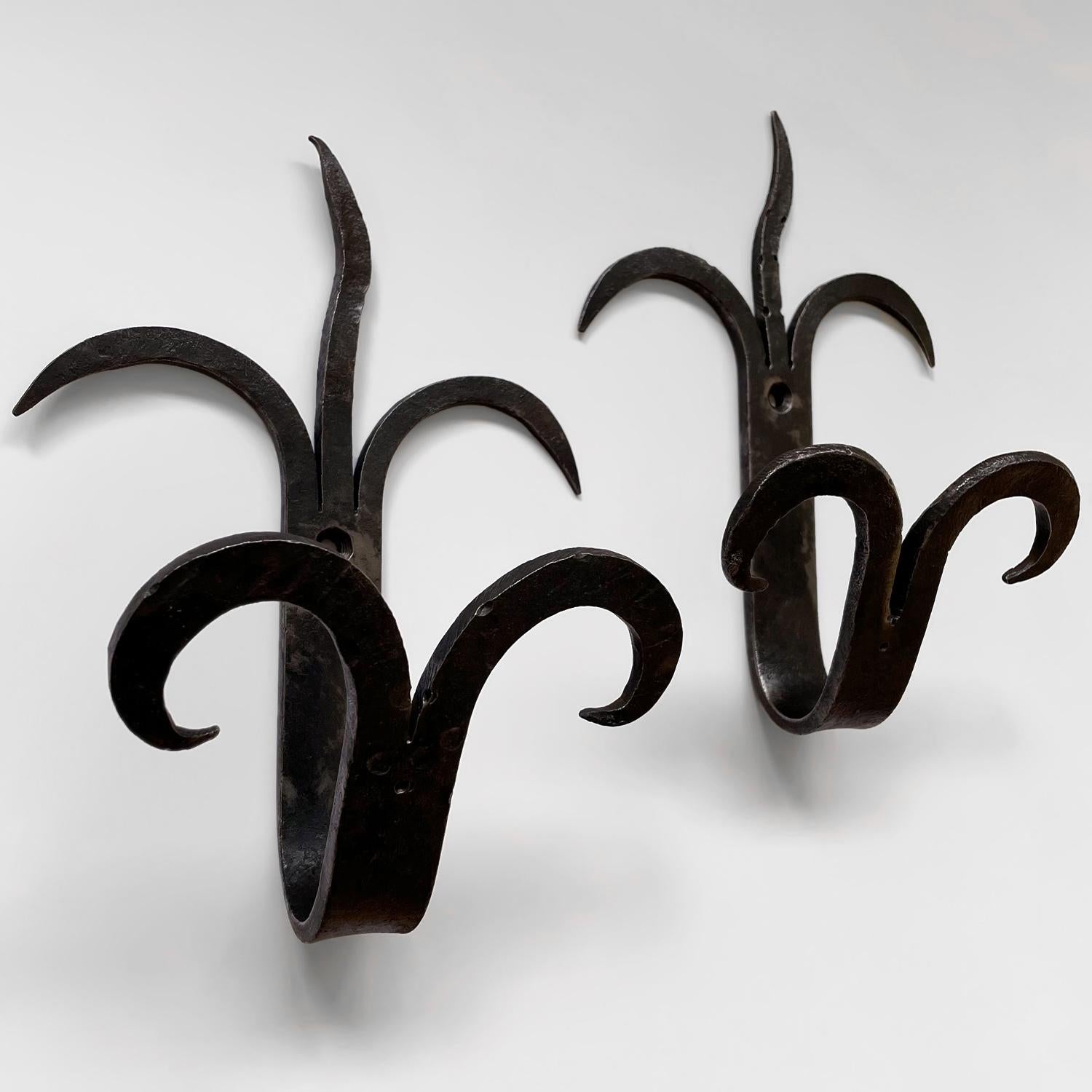 Pair of Large Scale French Forged Iron Sculptural Double Wall Hooks In Good Condition For Sale In Los Angeles, CA
