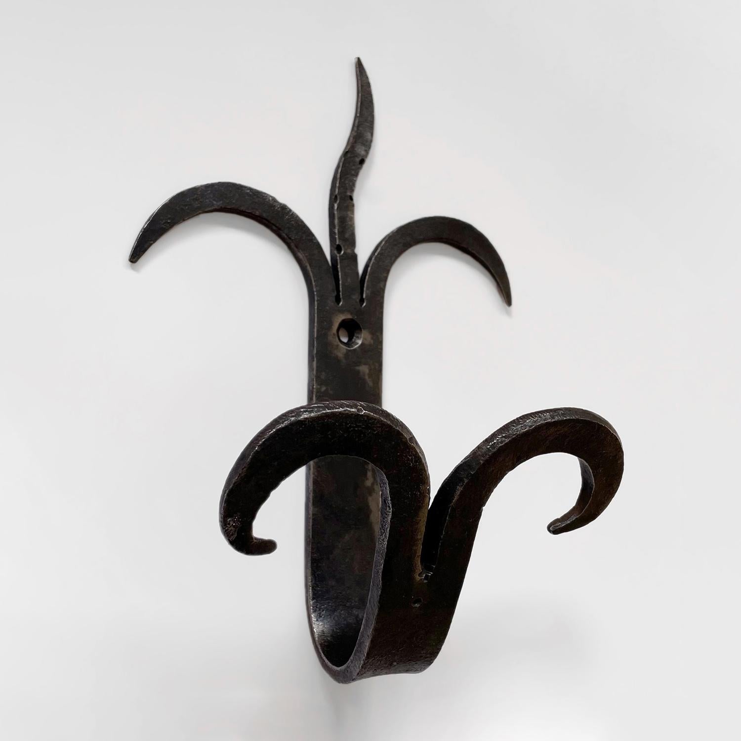 20th Century Pair of Large Scale French Forged Iron Sculptural Double Wall Hooks For Sale