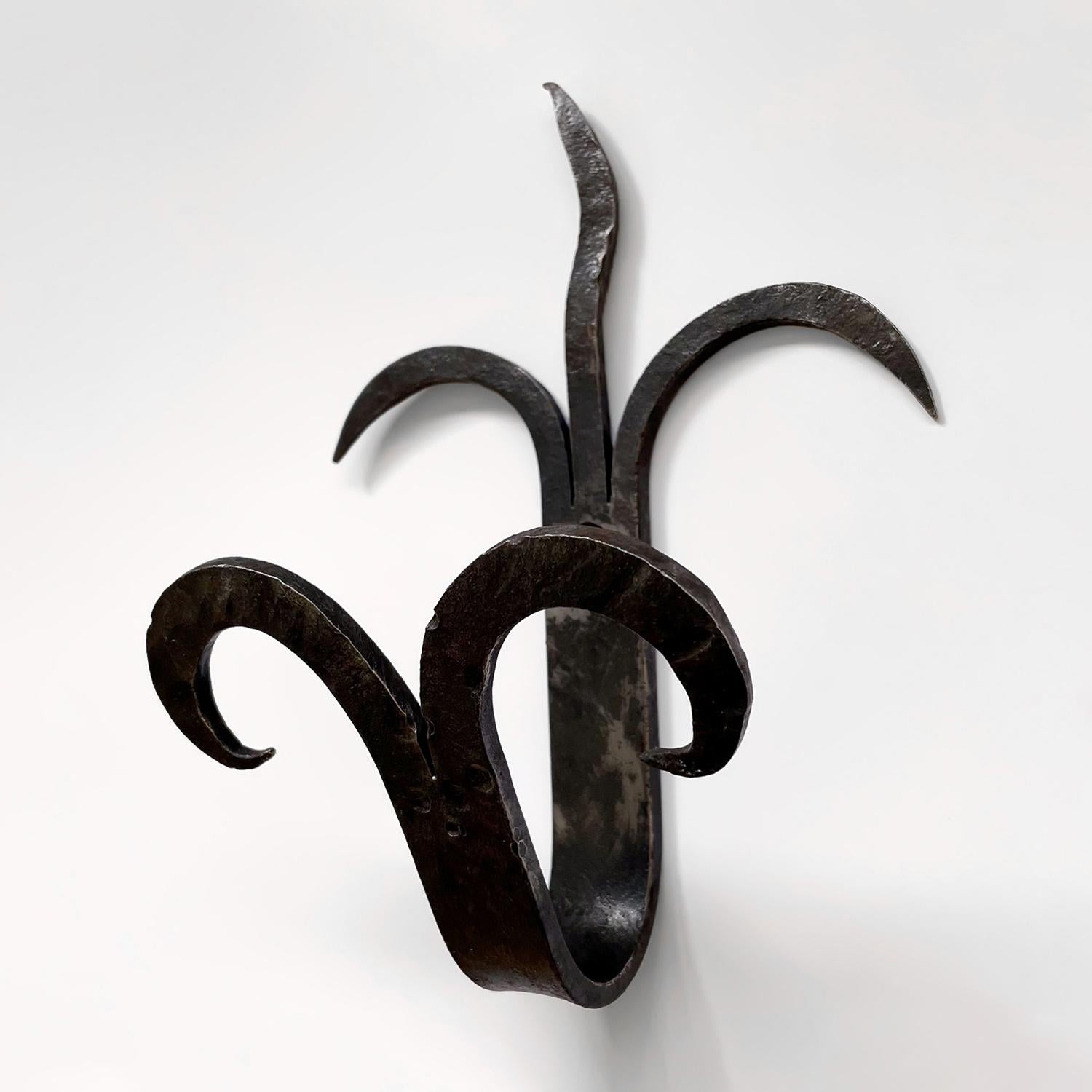 Pair of Large Scale French Forged Iron Sculptural Double Wall Hooks For Sale 1