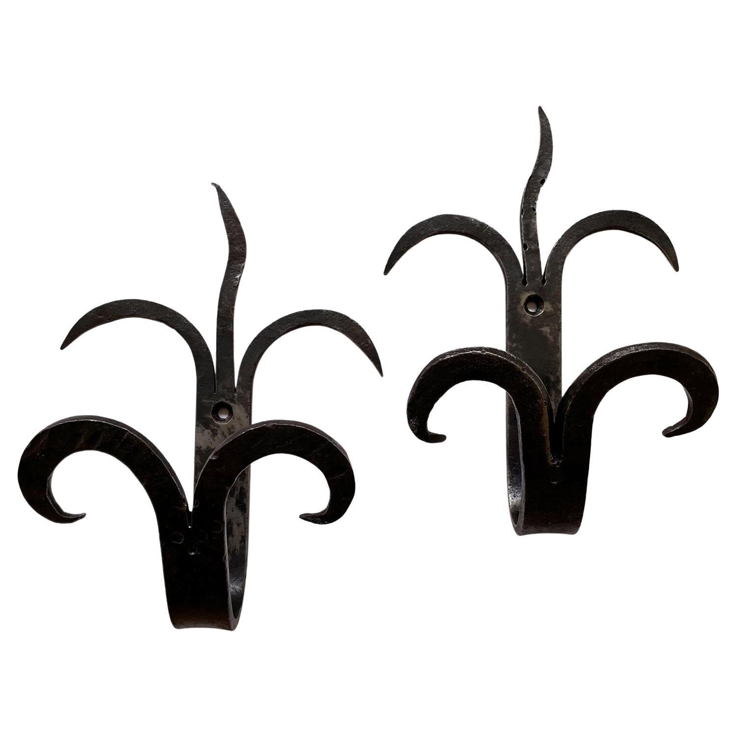Pair of Large Scale French Forged Iron Sculptural Double Wall Hooks For Sale