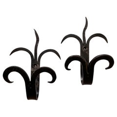 Pair of Large Scale French Forged Iron Sculptural Double Wall Hooks
