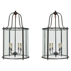 Pair of Large-Scale French Iron and Glass Lanterns with Four-Lights, USA Rewired