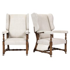 Antique Pair of Large Scale French Reclining Wing Chairs