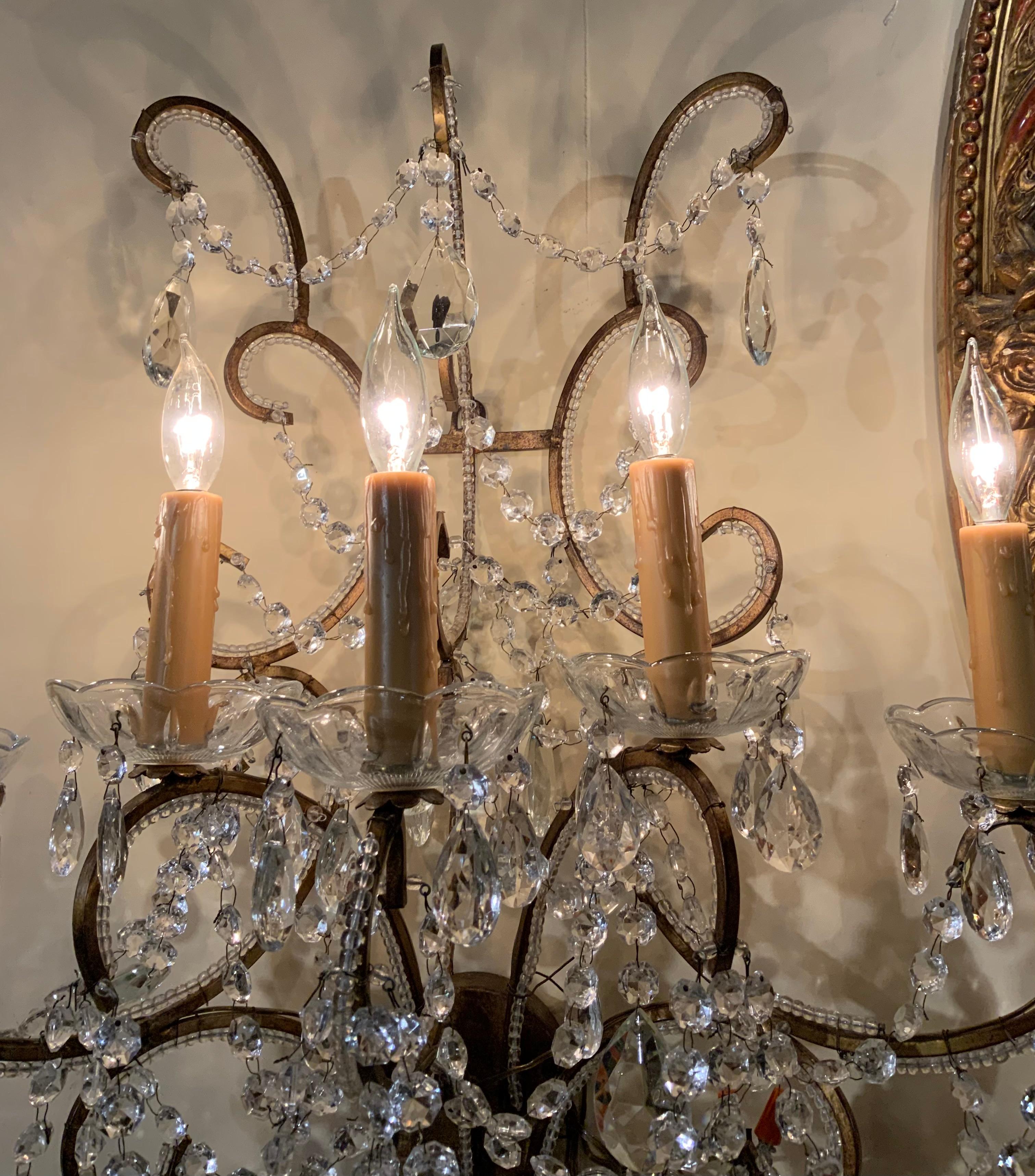 Pair of large scale French sconces with 5 lights each, beaded arms, wired In Excellent Condition For Sale In Houston, TX