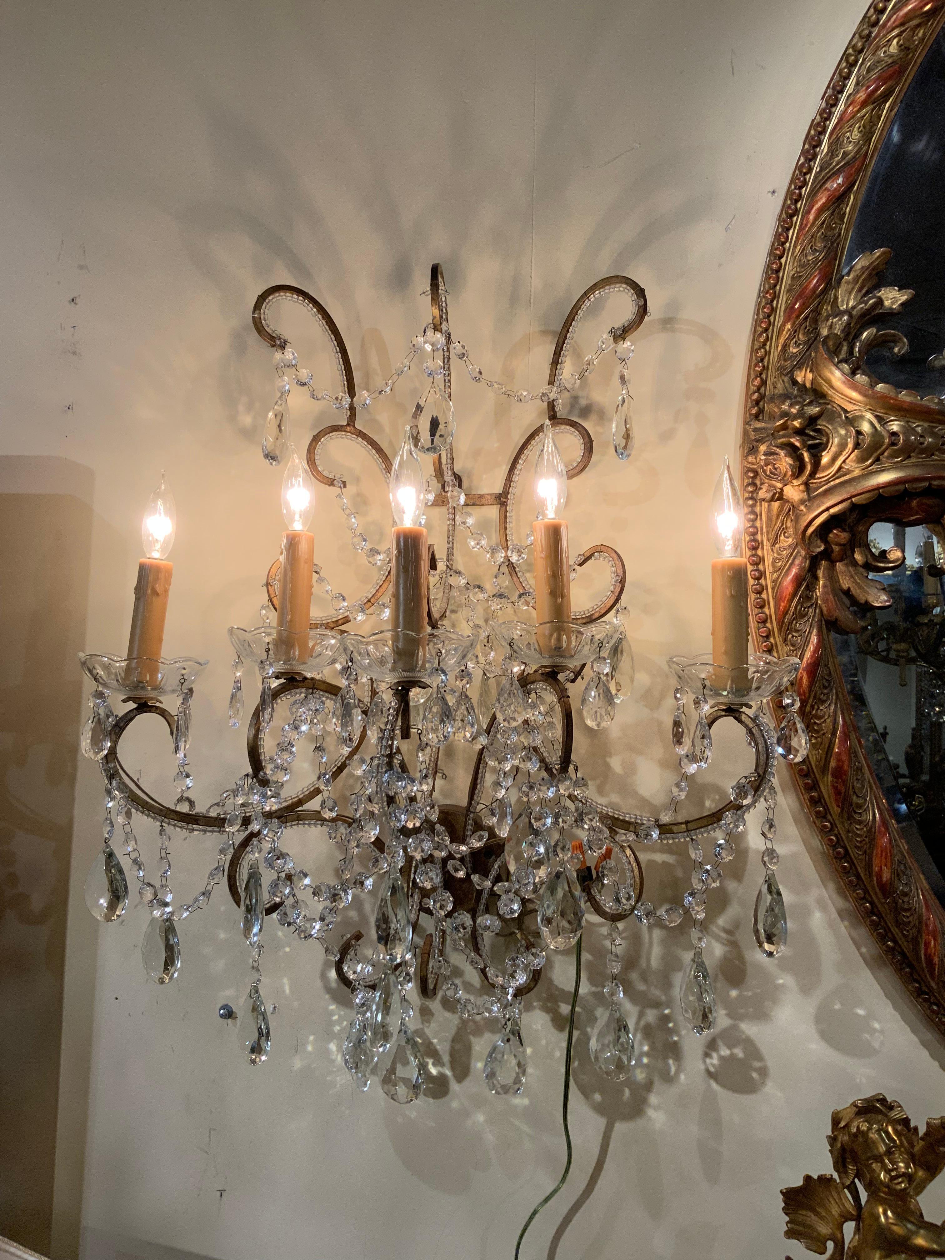 20th Century Pair of large scale French sconces with 5 lights each, beaded arms, wired For Sale