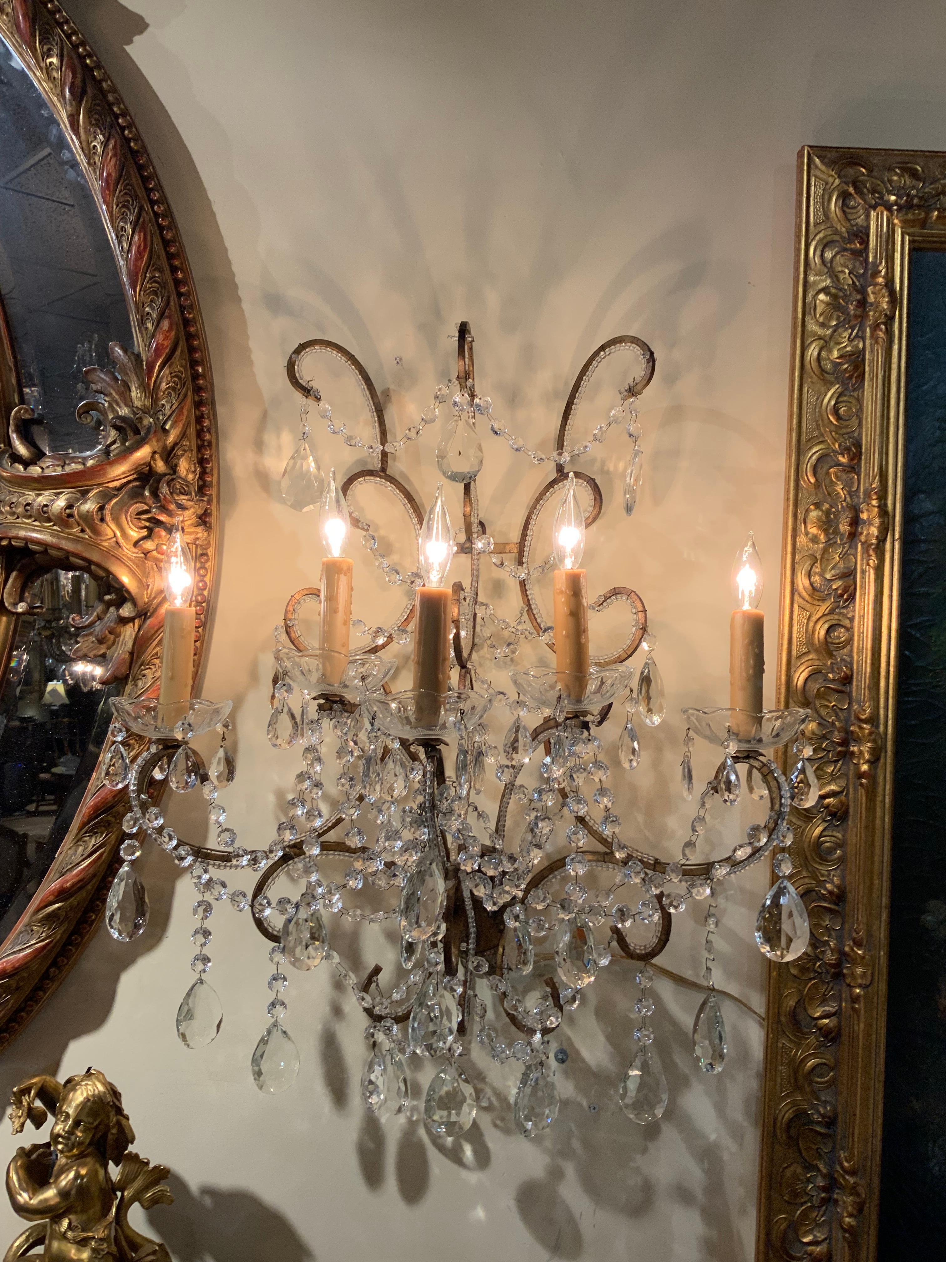 Crystal Pair of large scale French sconces with 5 lights each, beaded arms, wired For Sale