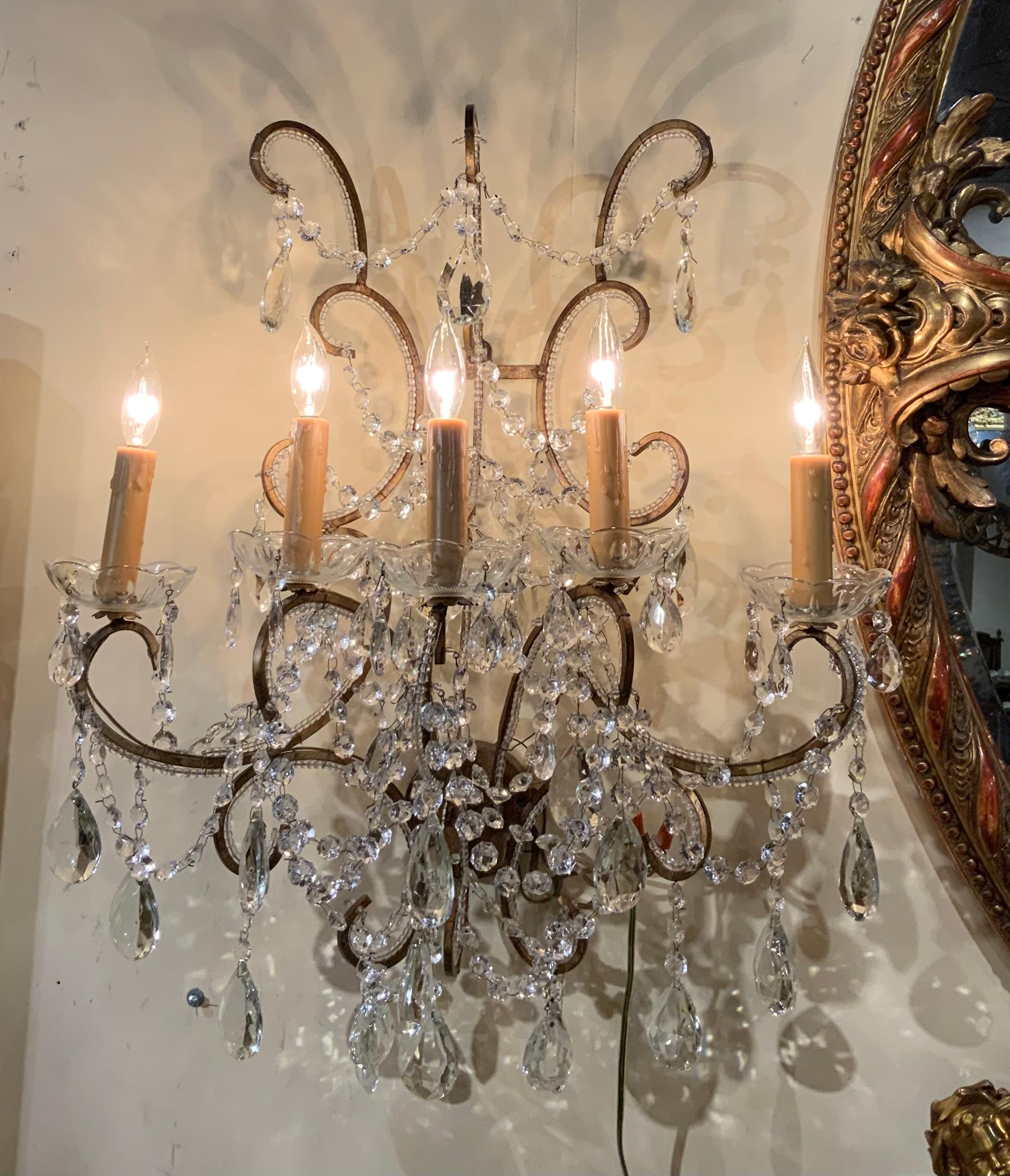 Pair of large scale French sconces with 5 lights each, beaded arms, wired For Sale 1