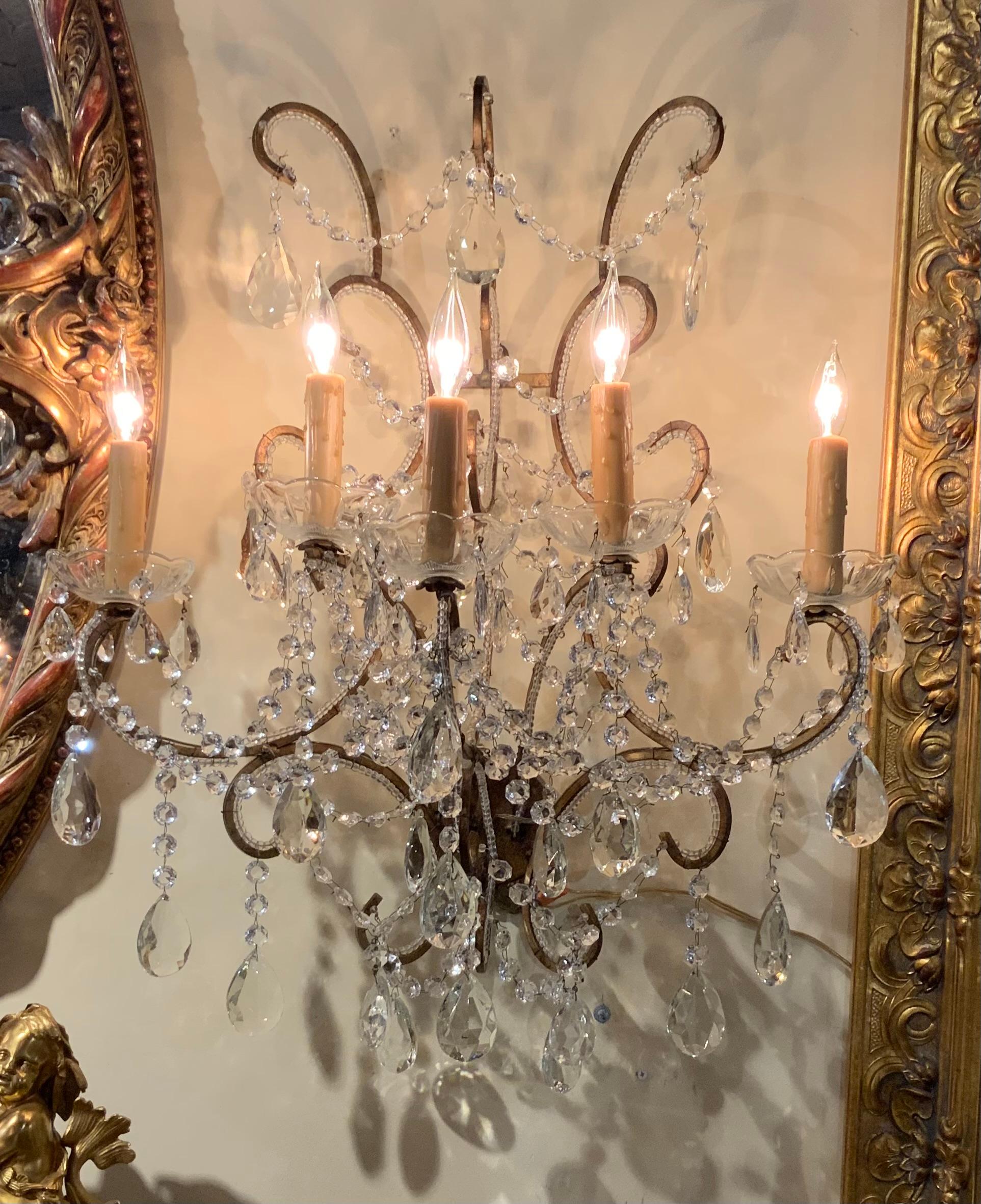 Pair of large scale French sconces with 5 lights each, beaded arms, wired For Sale 2