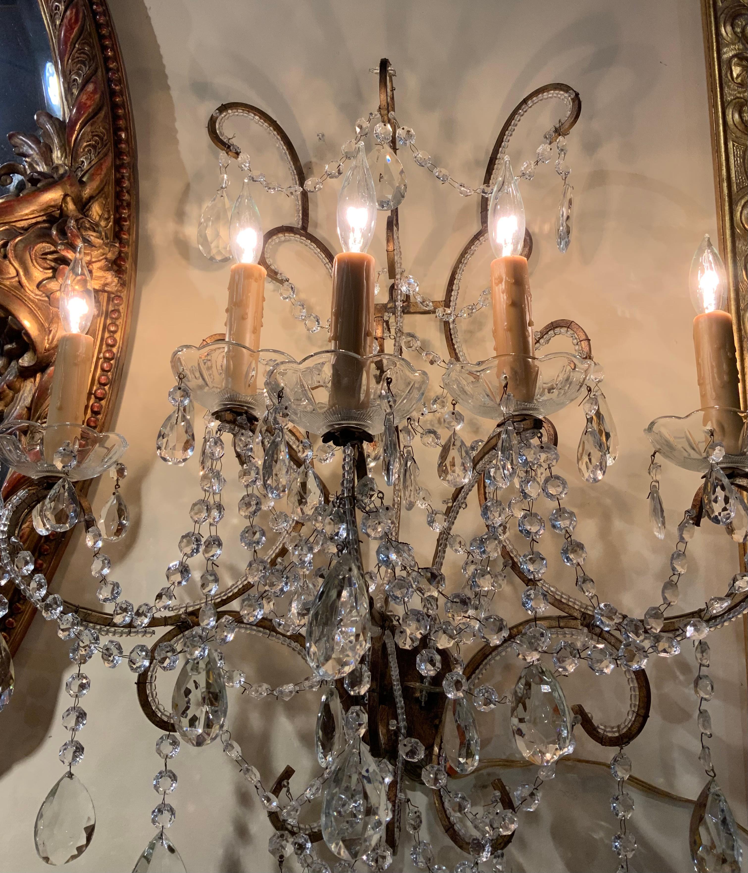 Pair of large scale French sconces with 5 lights each, beaded arms, wired For Sale 3