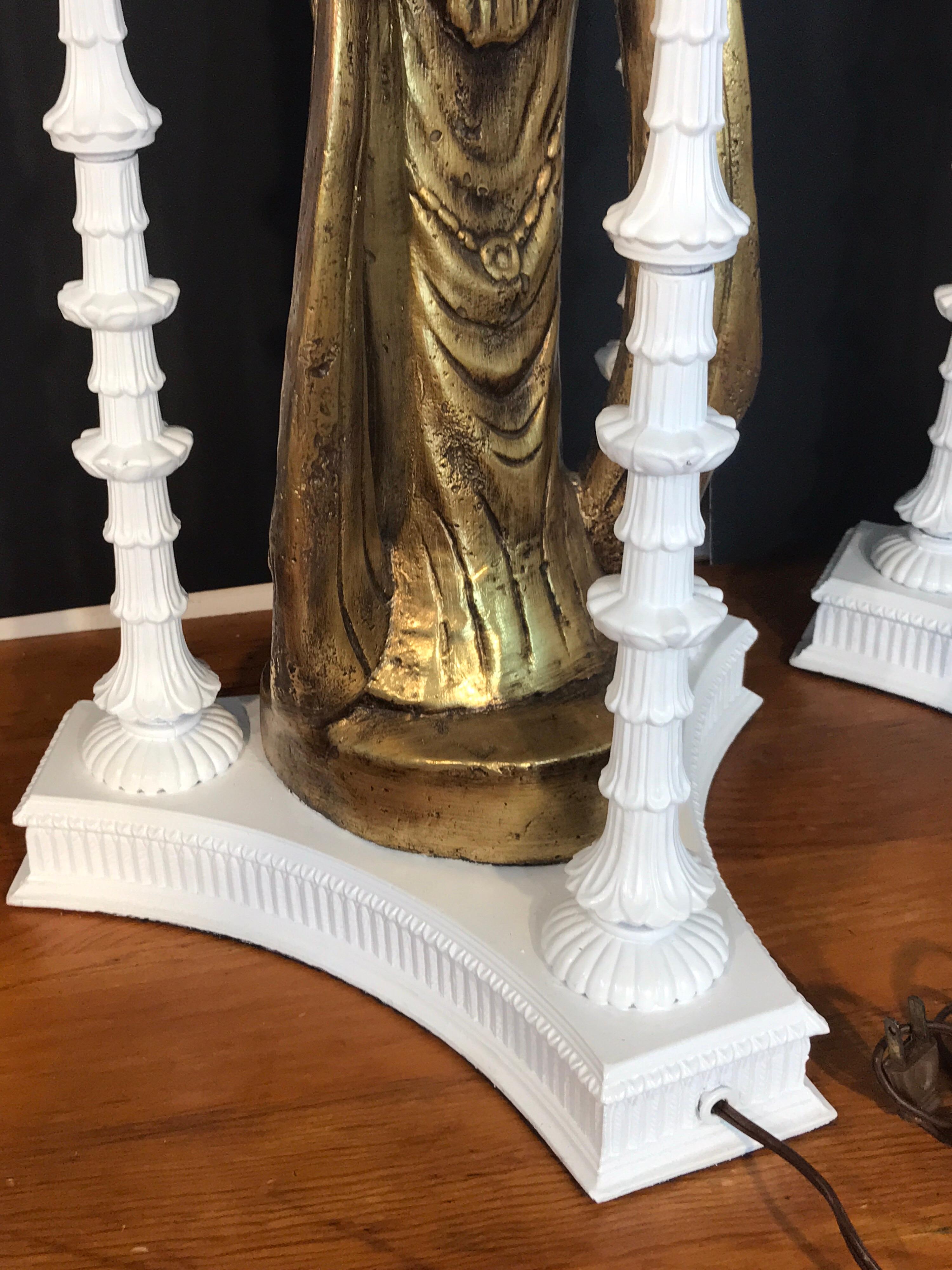 Pair of Large Scale Gilt Quan Yin Lamps, in the Style of James Mont 3