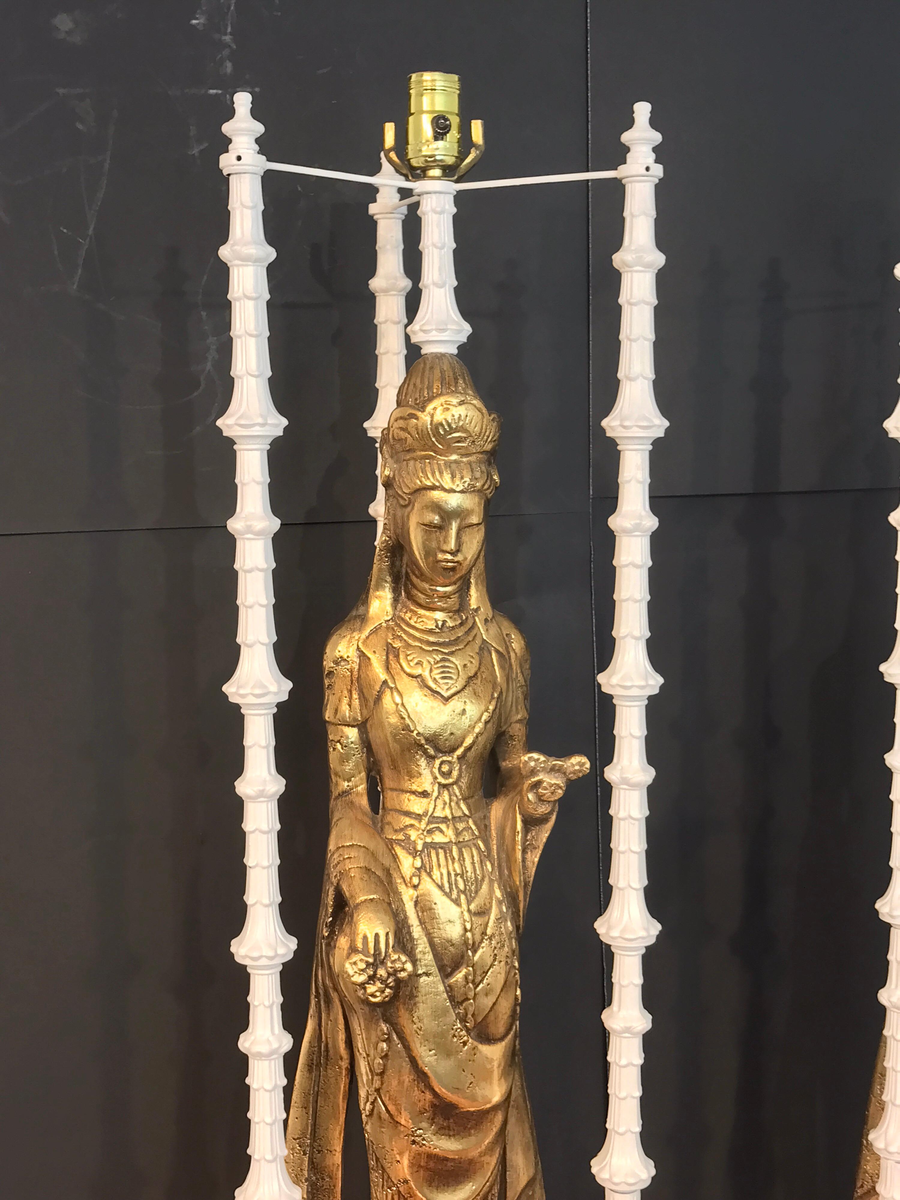 Mid-Century Modern Pair of Large Scale Gilt Quan Yin Lamps, in the Style of James Mont