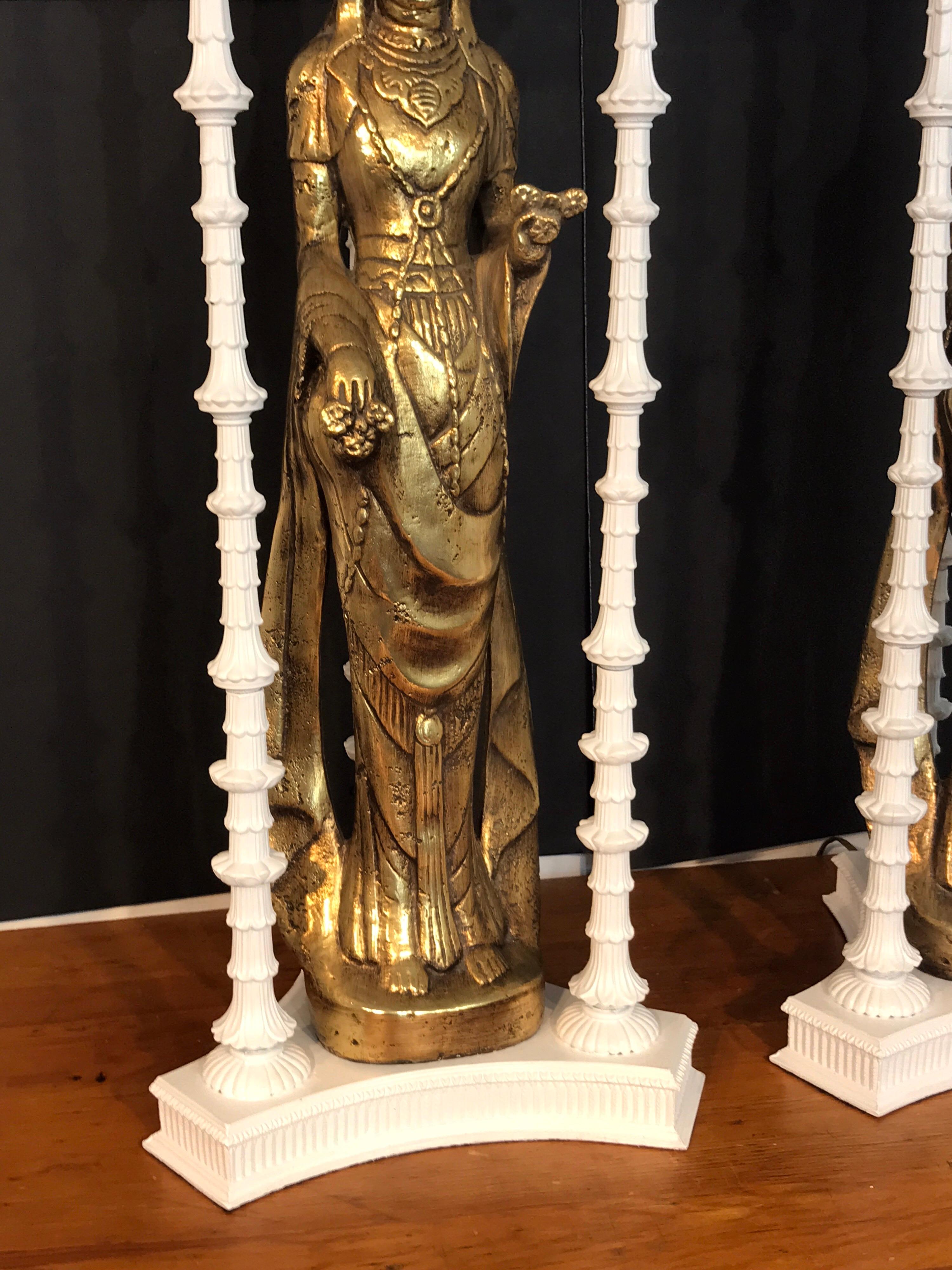 American Pair of Large Scale Gilt Quan Yin Lamps, in the Style of James Mont