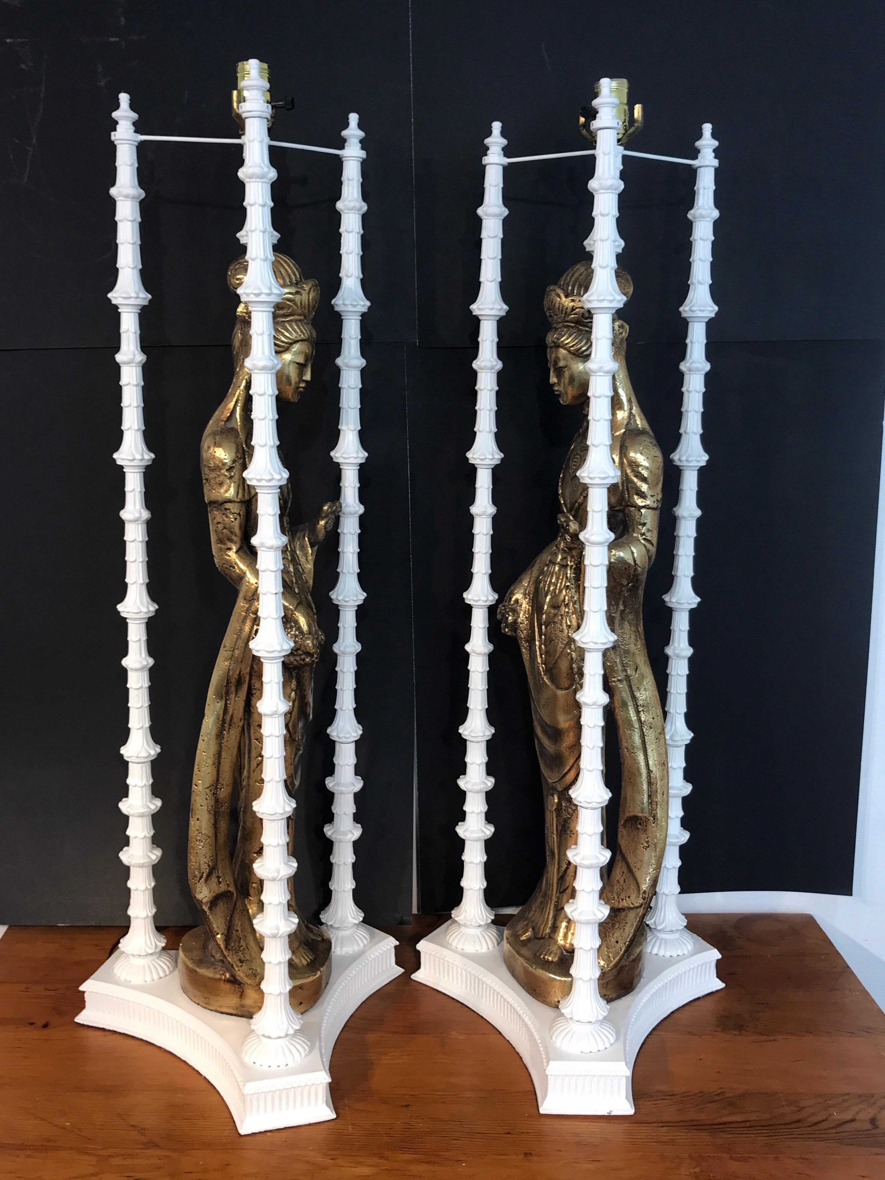 Mid-20th Century Pair of Large Scale Gilt Quan Yin Lamps, in the Style of James Mont
