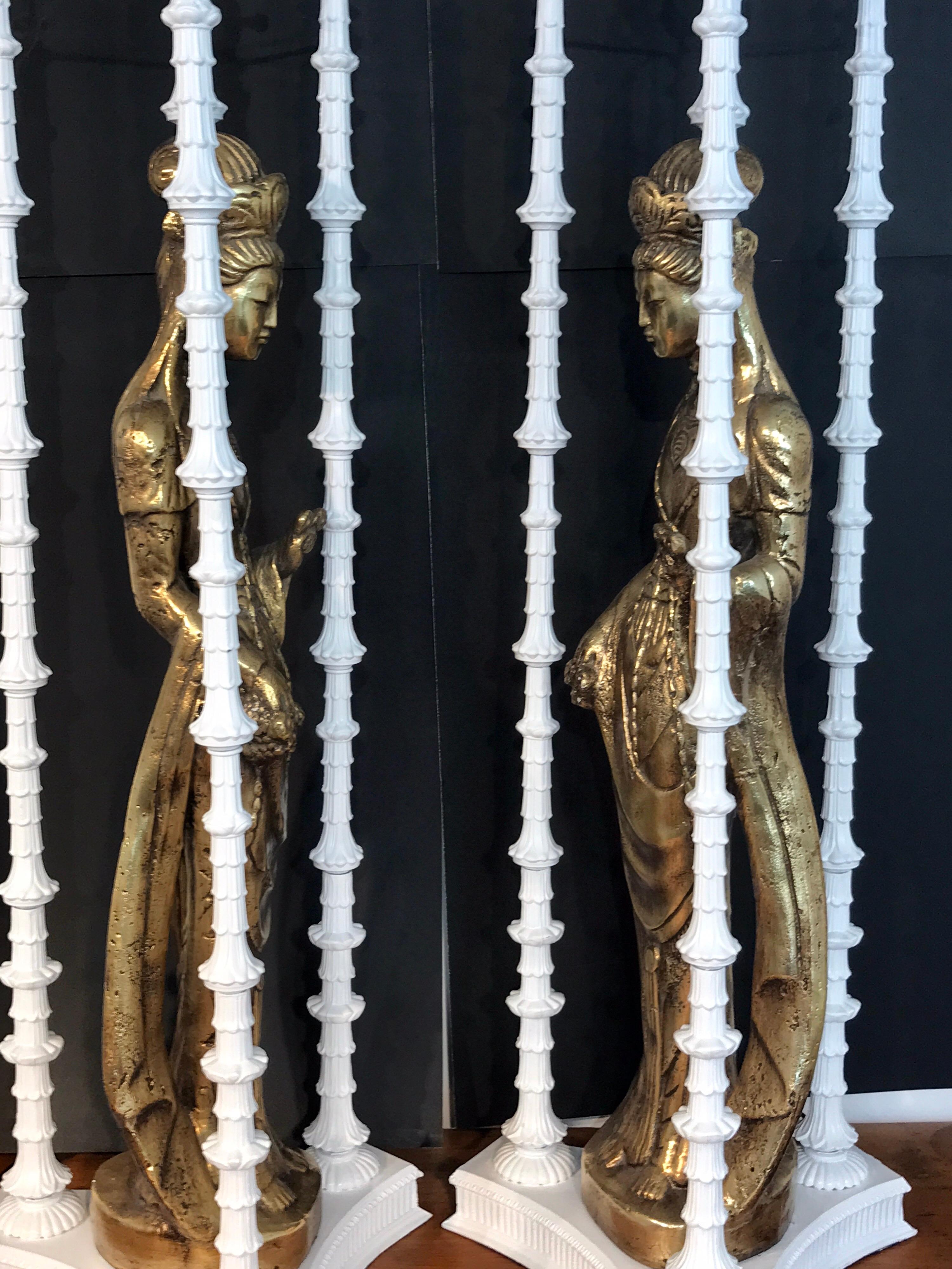 Metal Pair of Large Scale Gilt Quan Yin Lamps, in the Style of James Mont