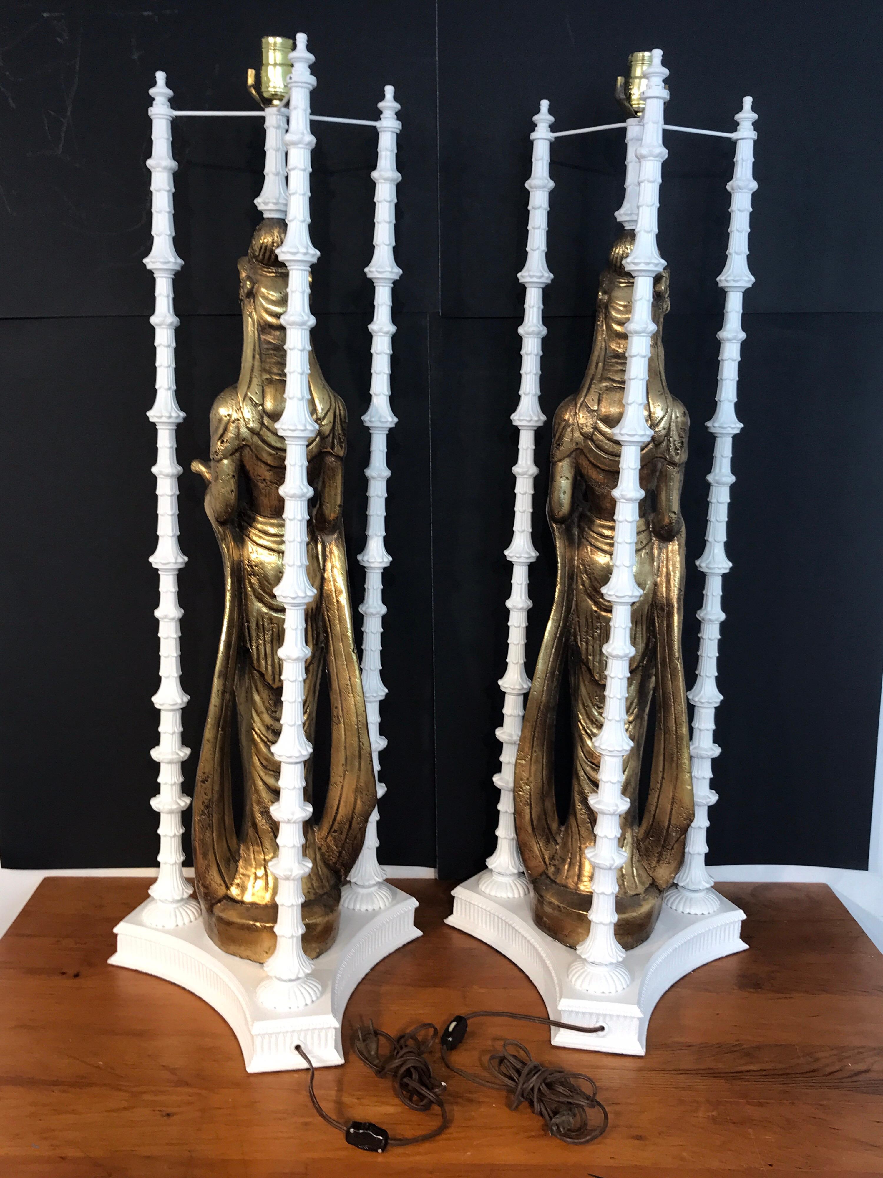 Pair of Large Scale Gilt Quan Yin Lamps, in the Style of James Mont 1