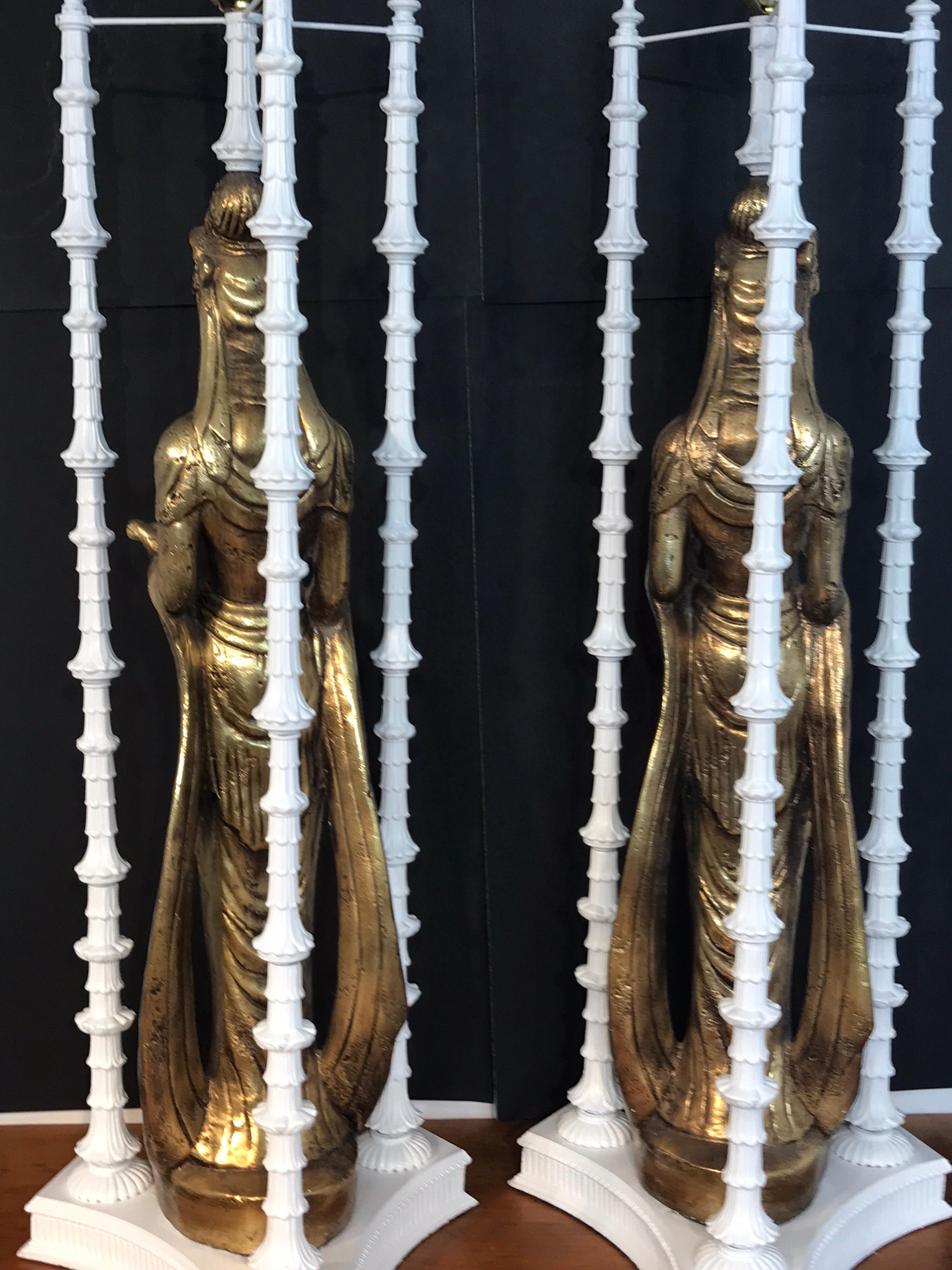 Pair of Large Scale Gilt Quan Yin Lamps, in the Style of James Mont 2