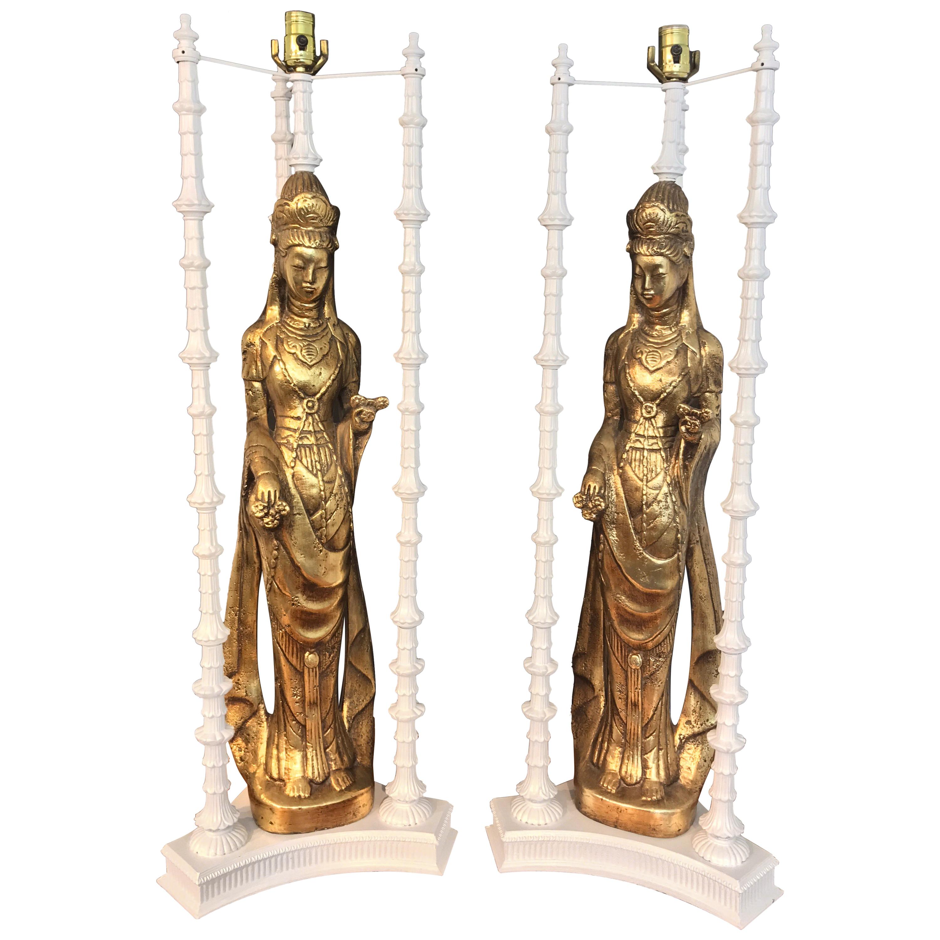 Pair of Large Scale Gilt Quan Yin Lamps, in the Style of James Mont