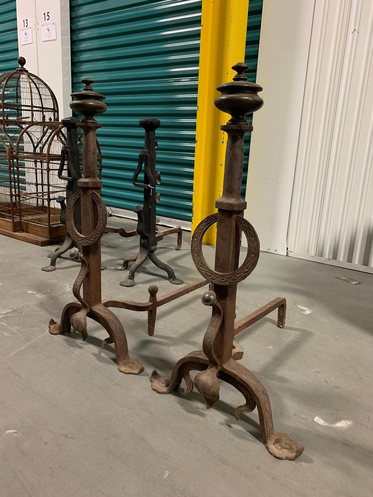 Pair of Large-Scale Iron Andirons, circa 1890-1910 In Good Condition For Sale In Atlanta, GA