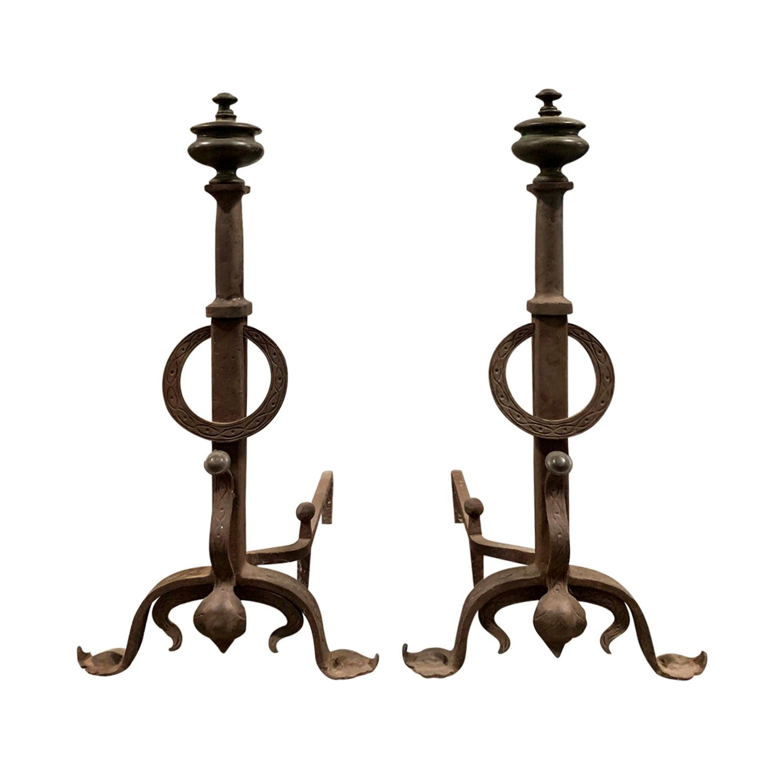 Pair of Large-Scale Iron Andirons, circa 1890-1910 For Sale