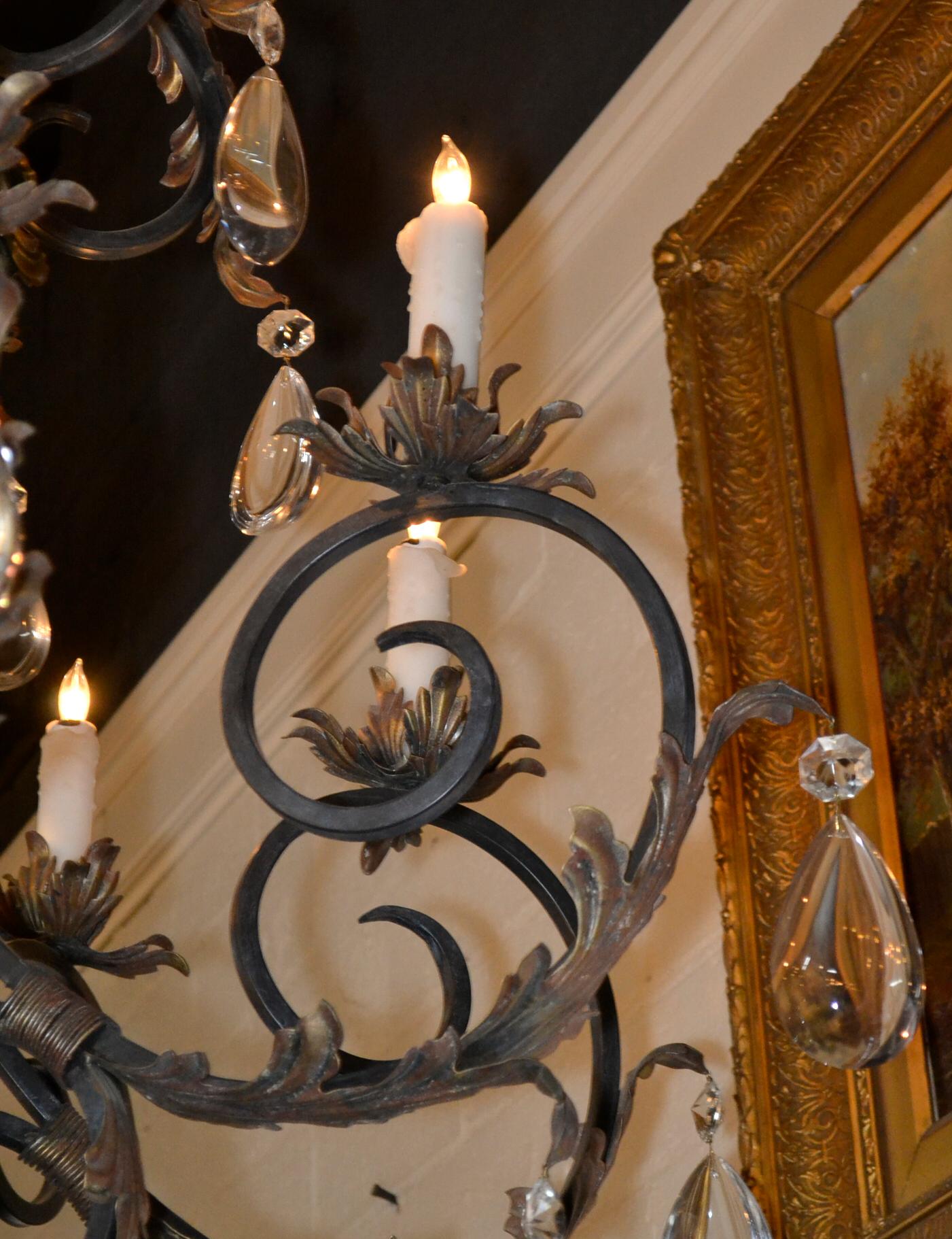 Pair of Large Scale Iron and Crystal Chandeliers In Good Condition In Dallas, TX