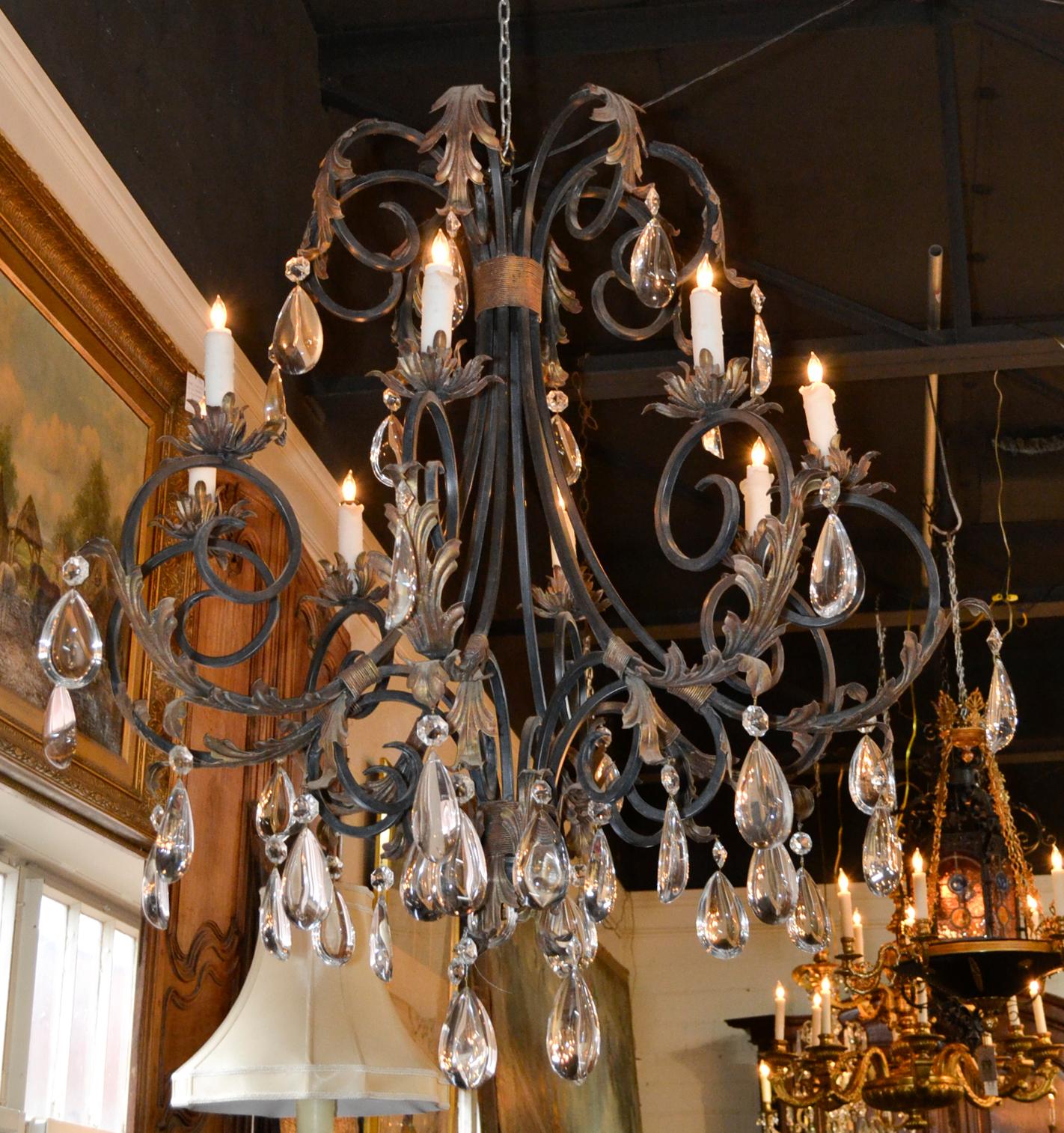 Pair of Large Scale Iron and Crystal Chandeliers 2