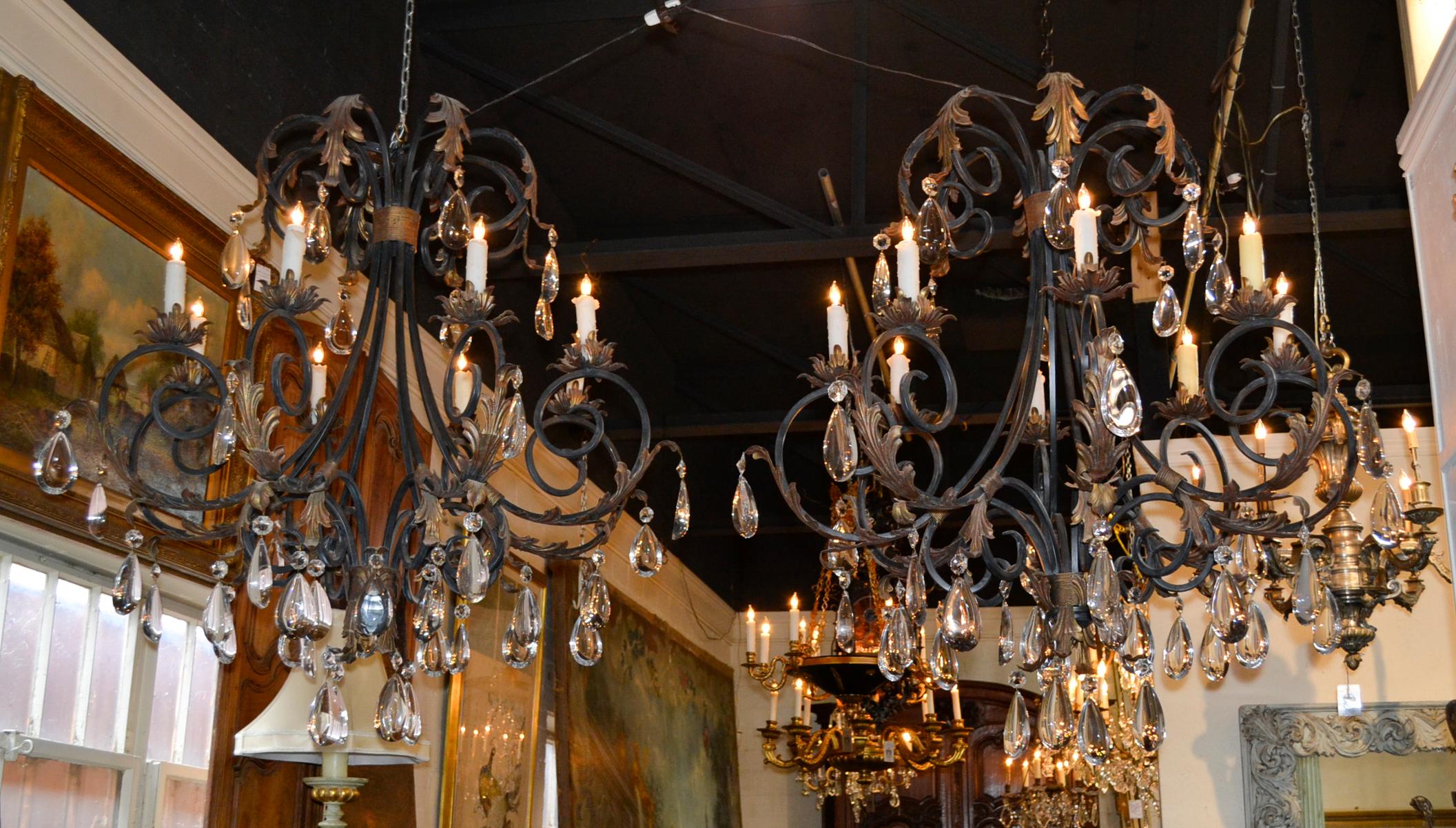 Pair of Large Scale Iron and Crystal Chandeliers 3