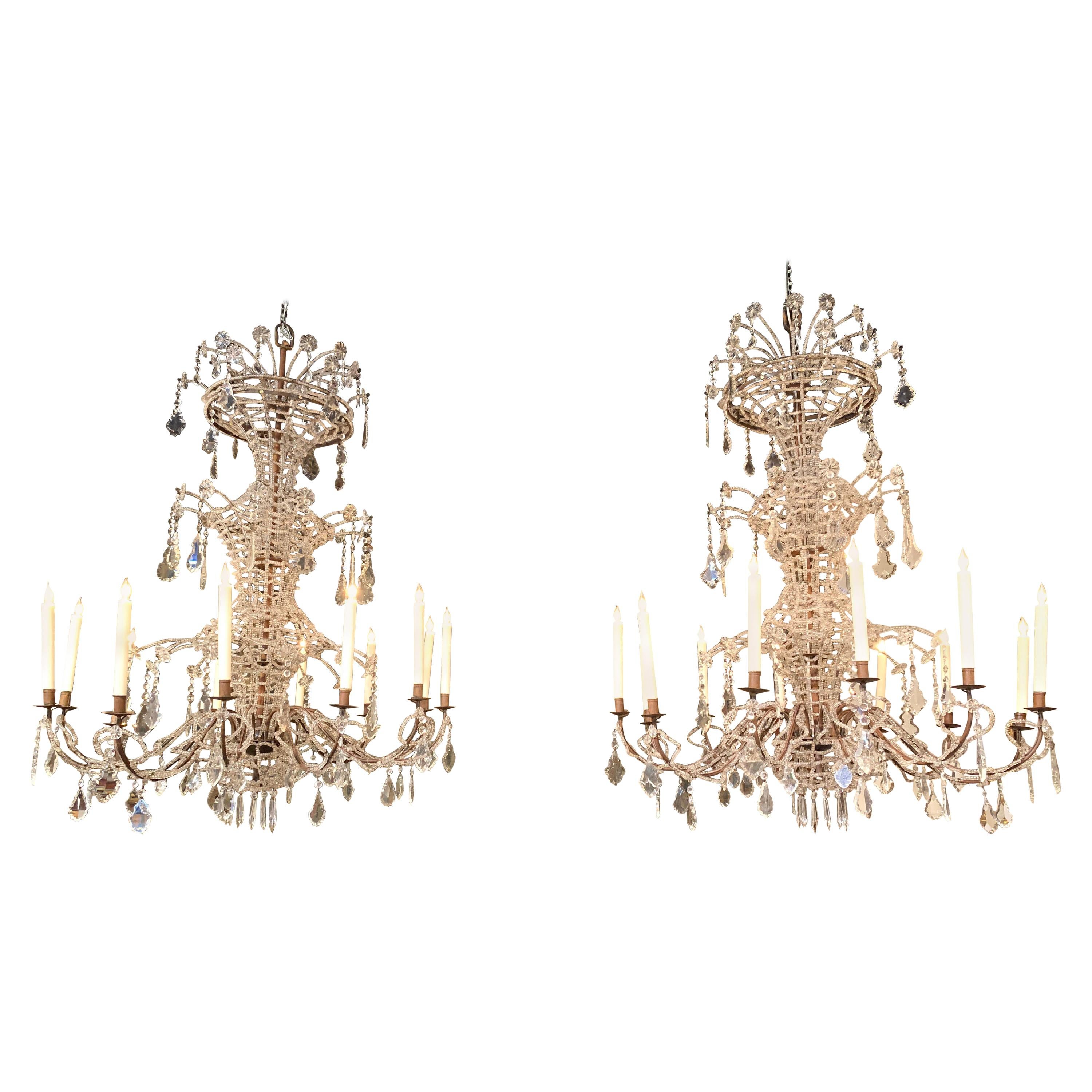 Pair of Large Scale Italian Beaded 12-Light Chandeliers