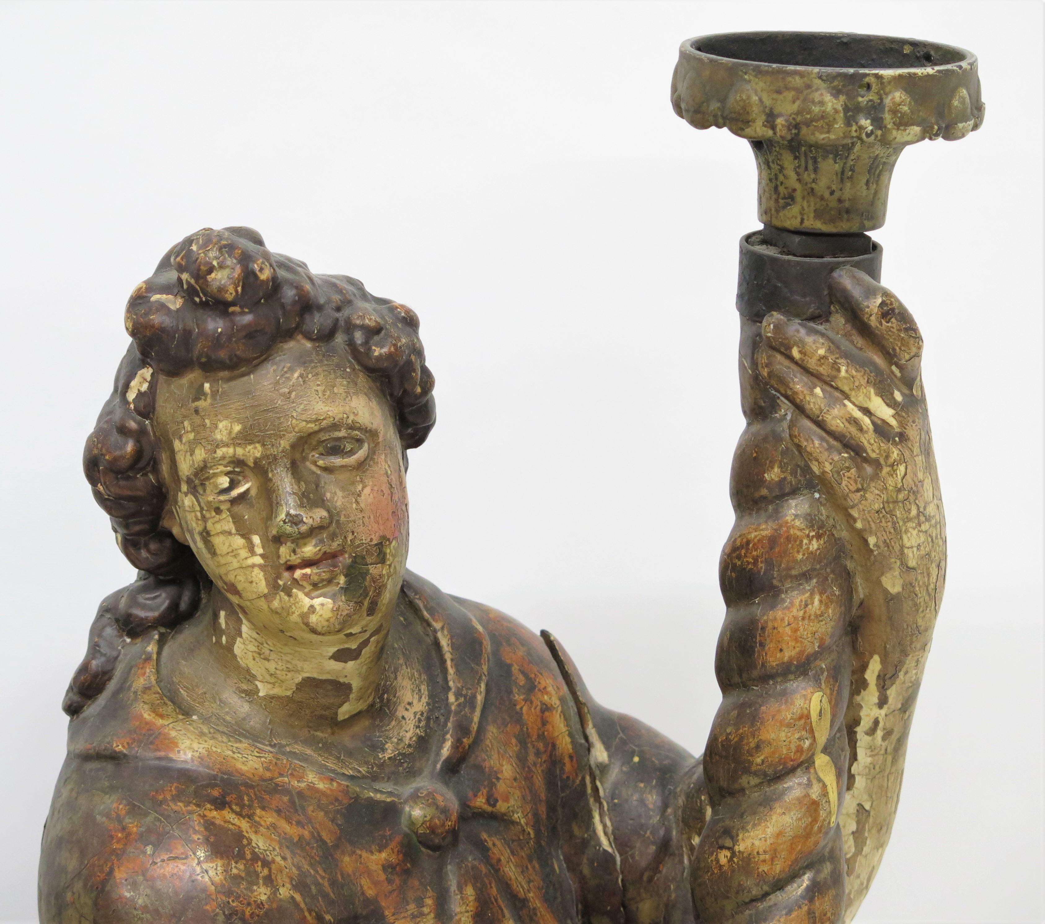 Pair of Large Scale Italian Figural Candlesticks, Polychromed and Gilded For Sale 4