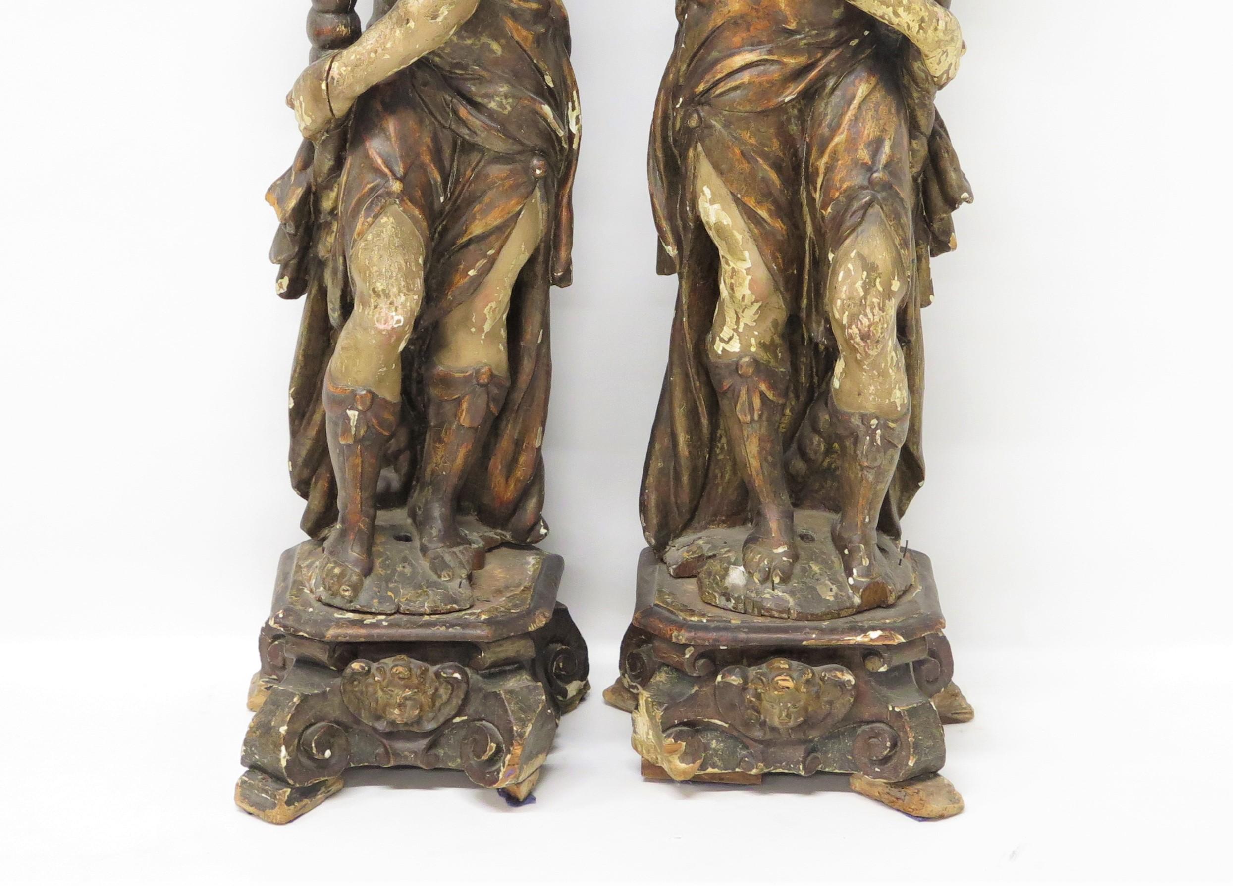 Spanish Colonial Pair of Large Scale Italian Figural Candlesticks, Polychromed and Gilded For Sale
