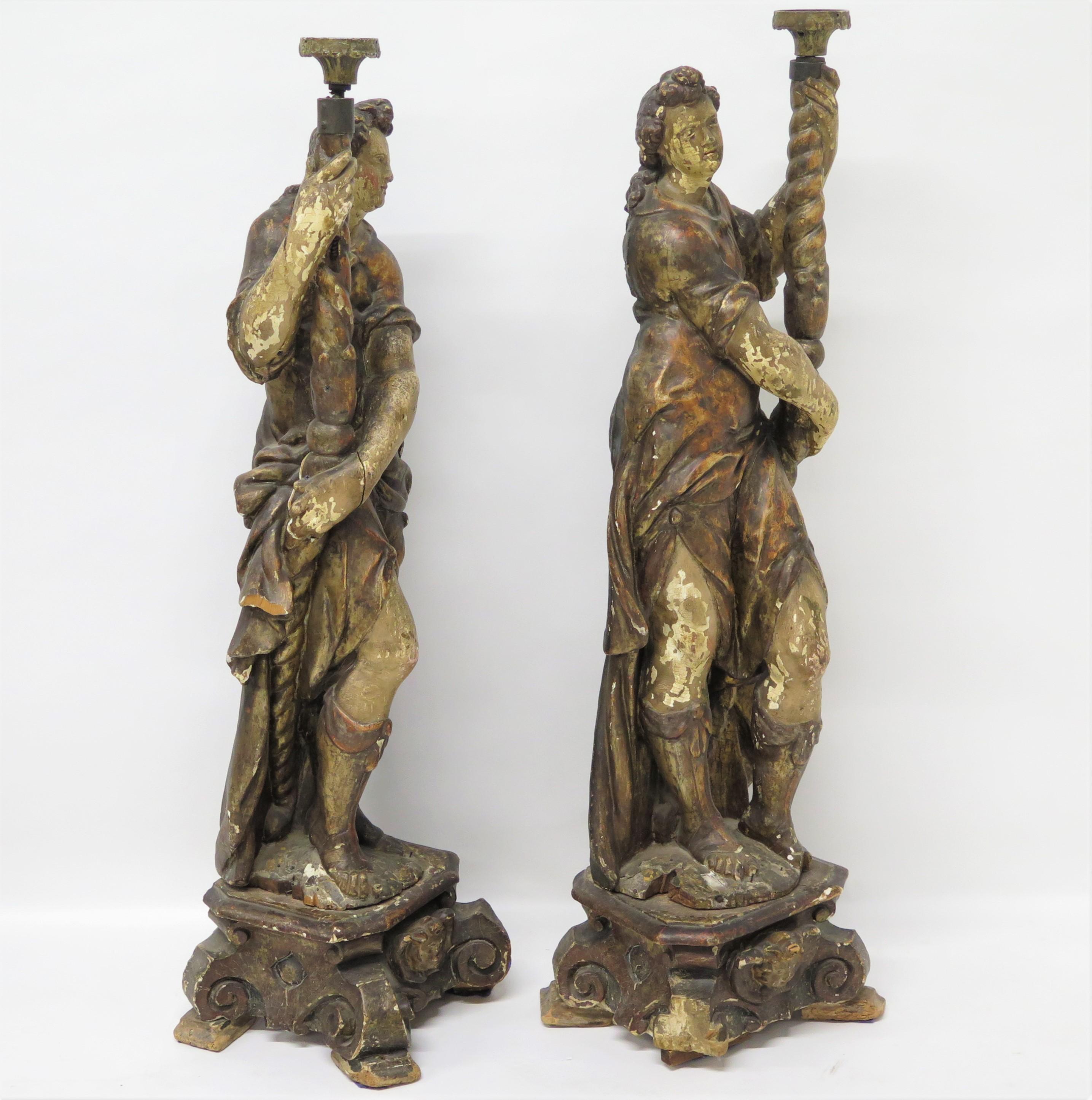Hand-Painted Pair of Large Scale Italian Figural Candlesticks, Polychromed and Gilded For Sale