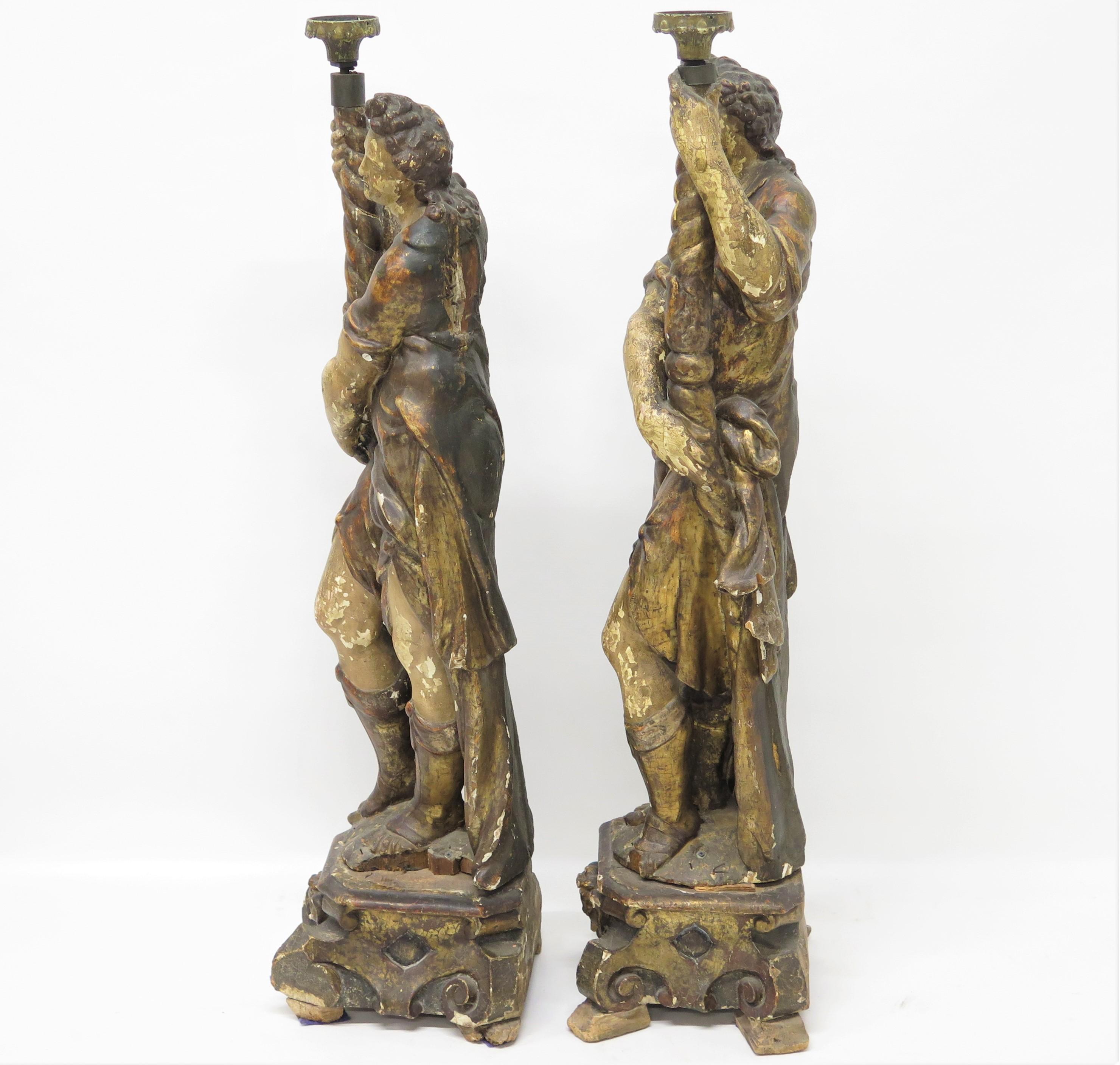 Pair of Large Scale Italian Figural Candlesticks, Polychromed and Gilded In Good Condition For Sale In Dallas, TX