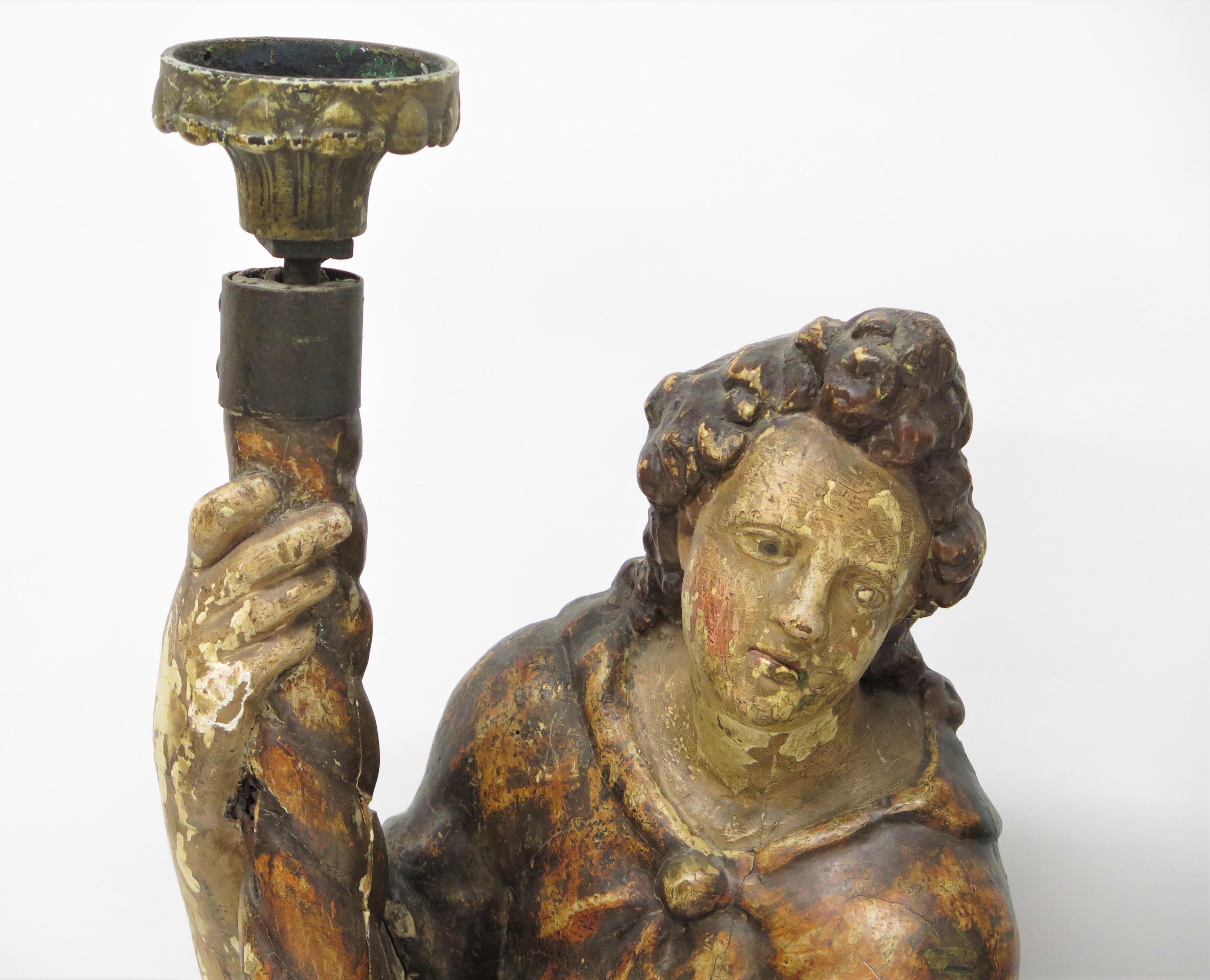 18th Century and Earlier Pair of Large Scale Italian Figural Candlesticks, Polychromed and Gilded For Sale