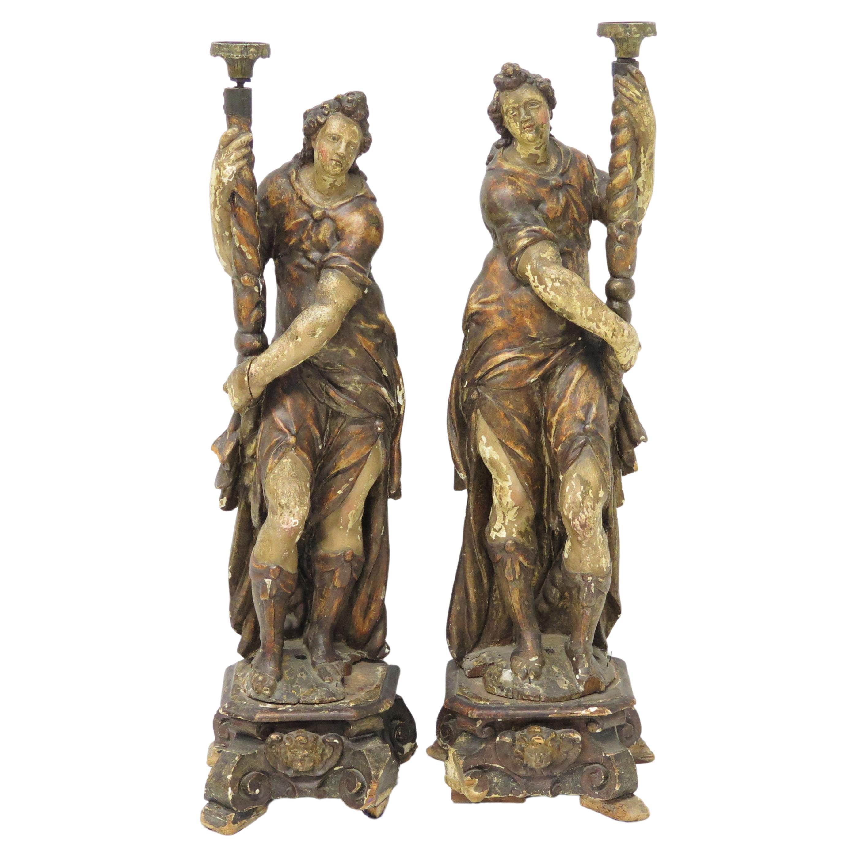 Pair of Large Scale Italian Figural Candlesticks, Polychromed and Gilded For Sale