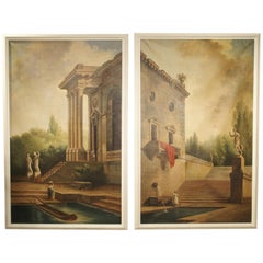 Pair of Large Scale Italian Landscape Oil on Canvas Paintings, Early 1900s