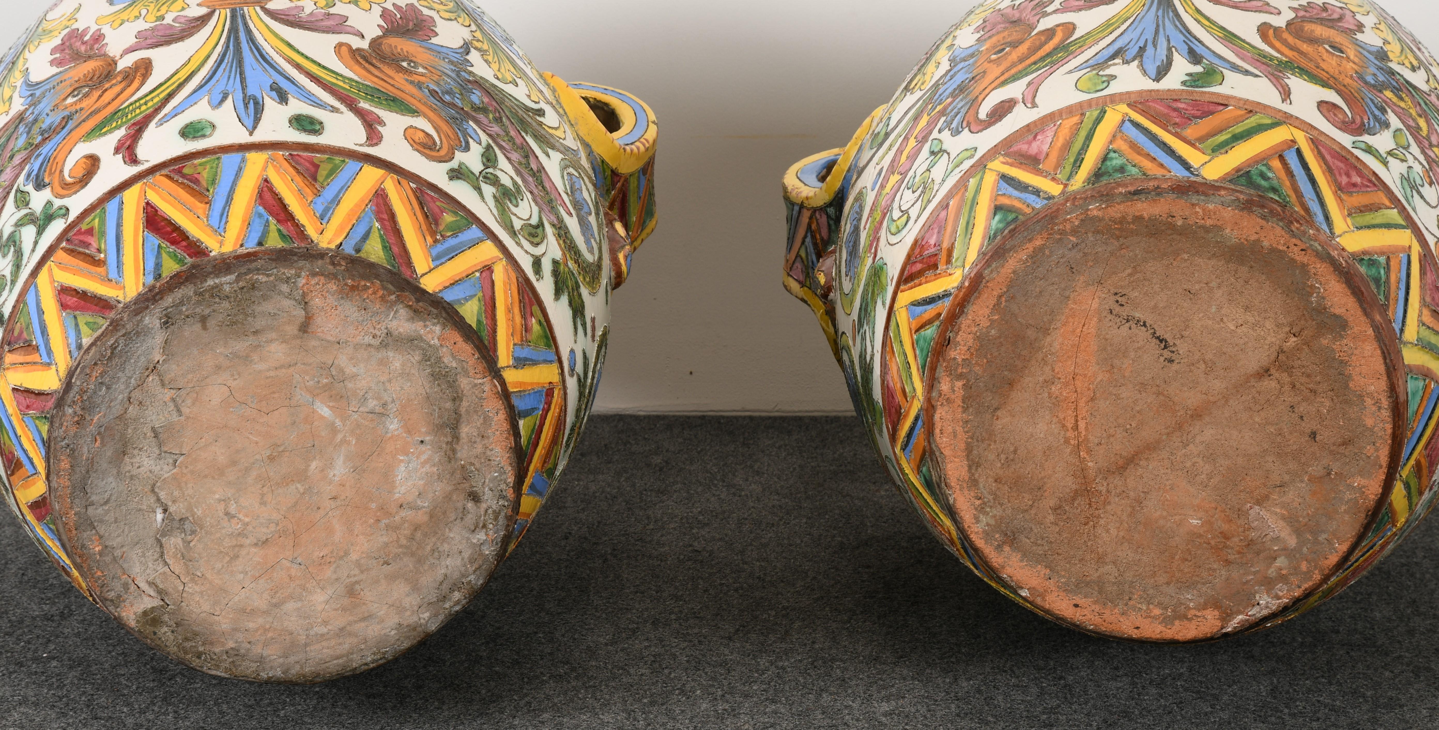 Pair of Large-Scale Italian Majolica Terracotta Urns, 20th Century 13