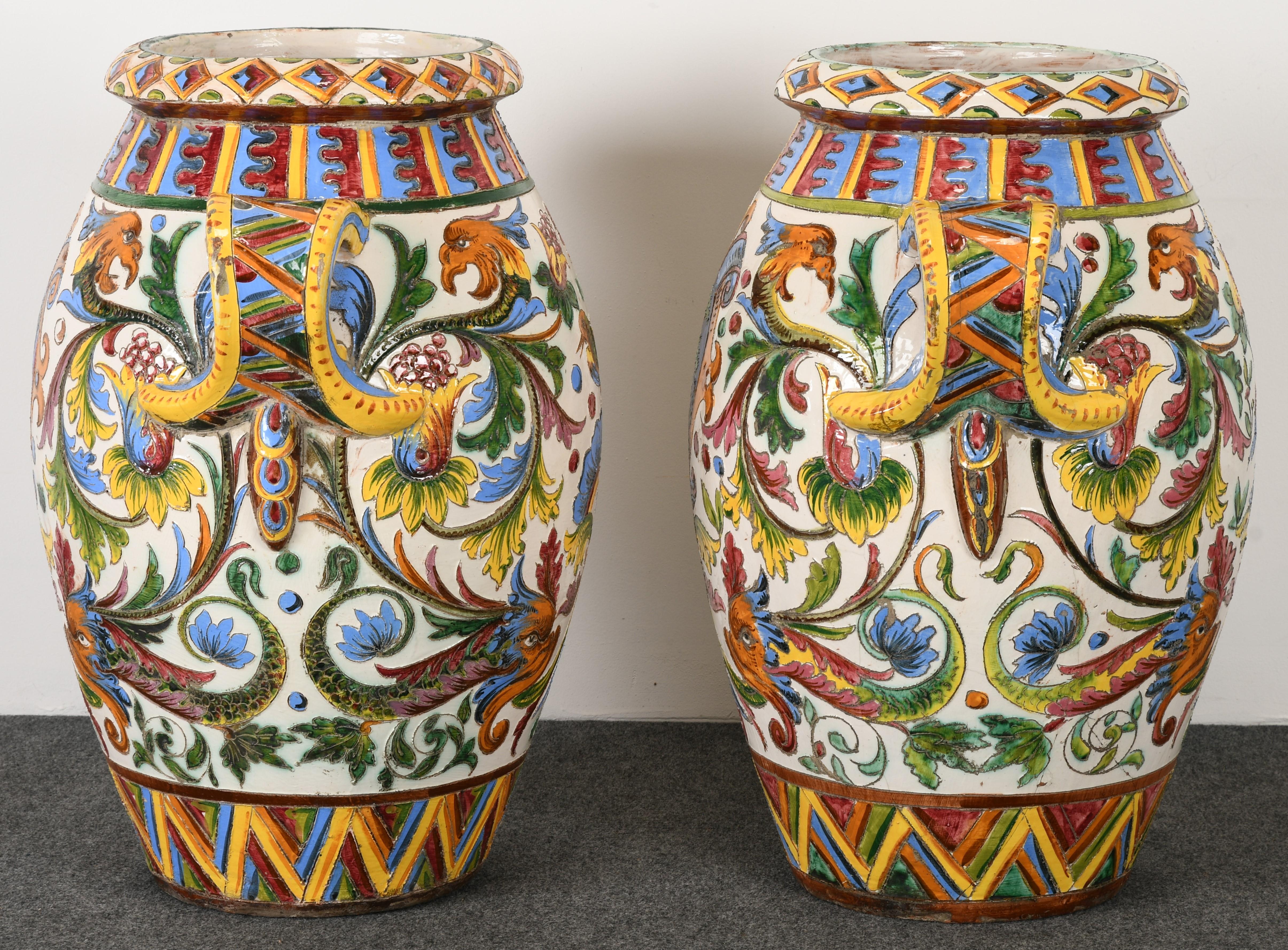 Spanish Colonial Pair of Large-Scale Italian Majolica Terracotta Urns, 20th Century