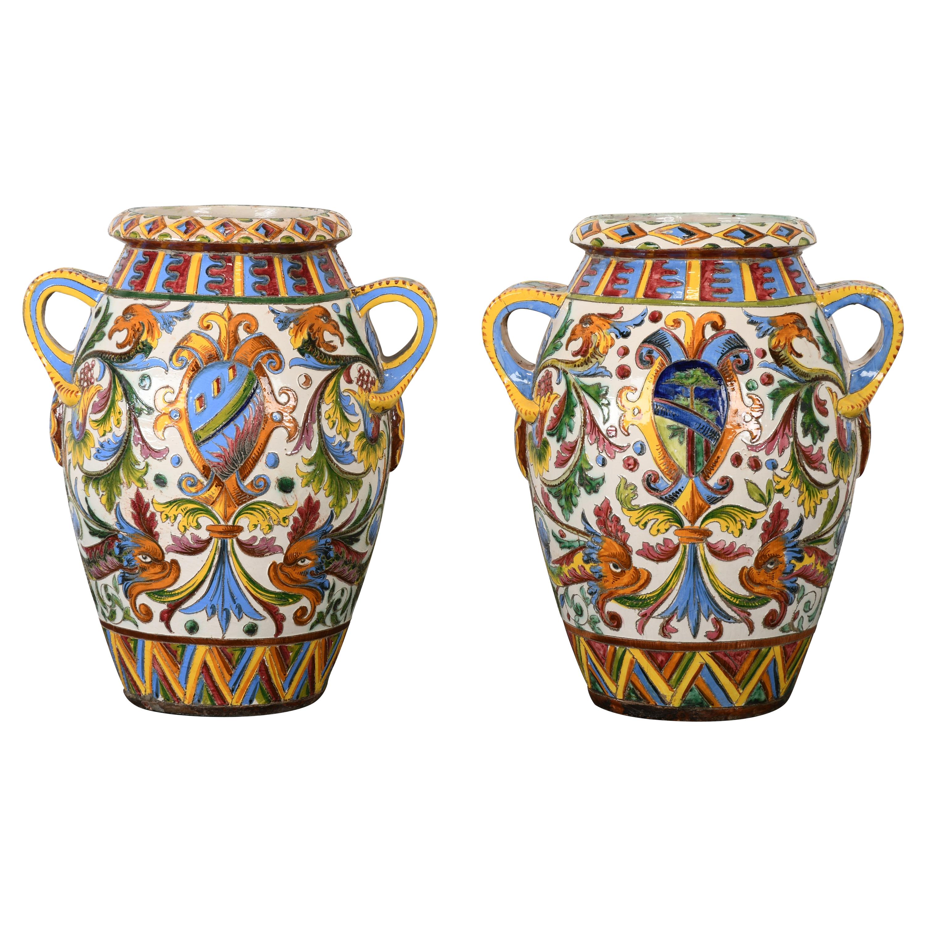 Pair of Large-Scale Italian Majolica Terracotta Urns, 20th Century