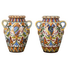 Pair of Large-Scale Italian Majolica Terracotta Urns, 20th Century