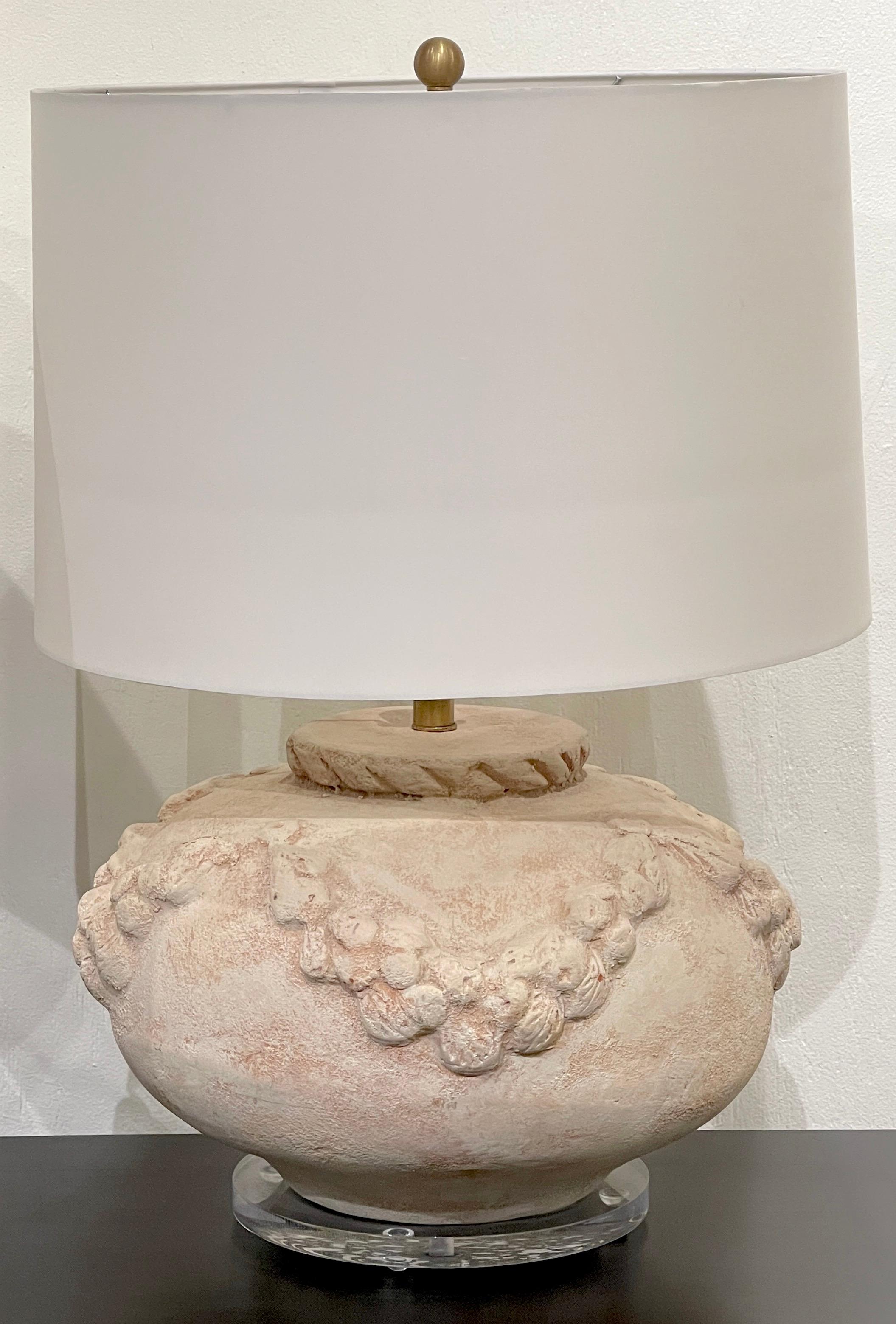 Cast Pair of Large Scale Italian Neoclassical Terracotta & Lucite Lamps  For Sale