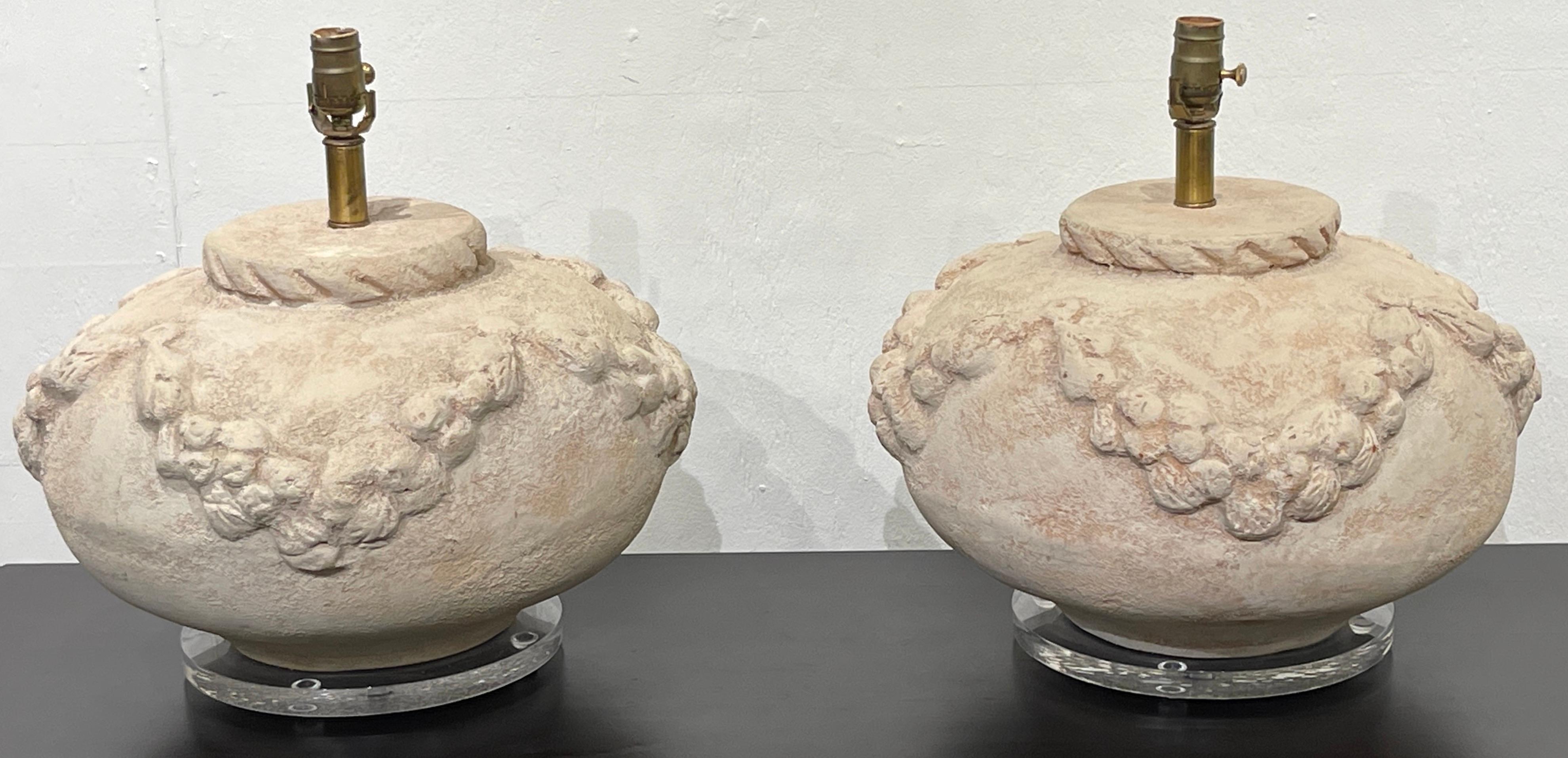 Pair of Large Scale Italian Neoclassical Terracotta & Lucite Lamps  In Good Condition For Sale In West Palm Beach, FL
