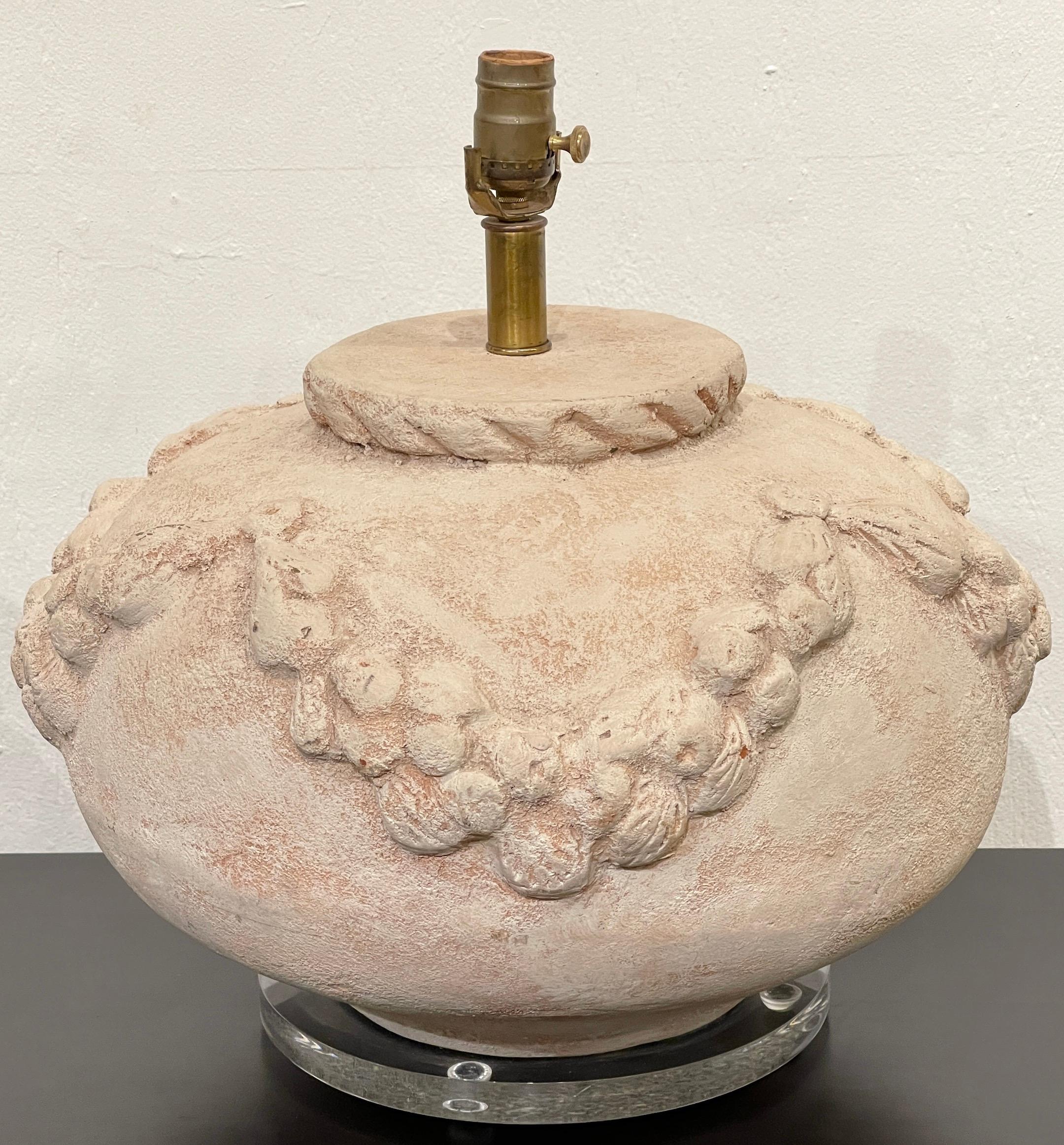 20th Century Pair of Large Scale Italian Neoclassical Terracotta & Lucite Lamps For Sale