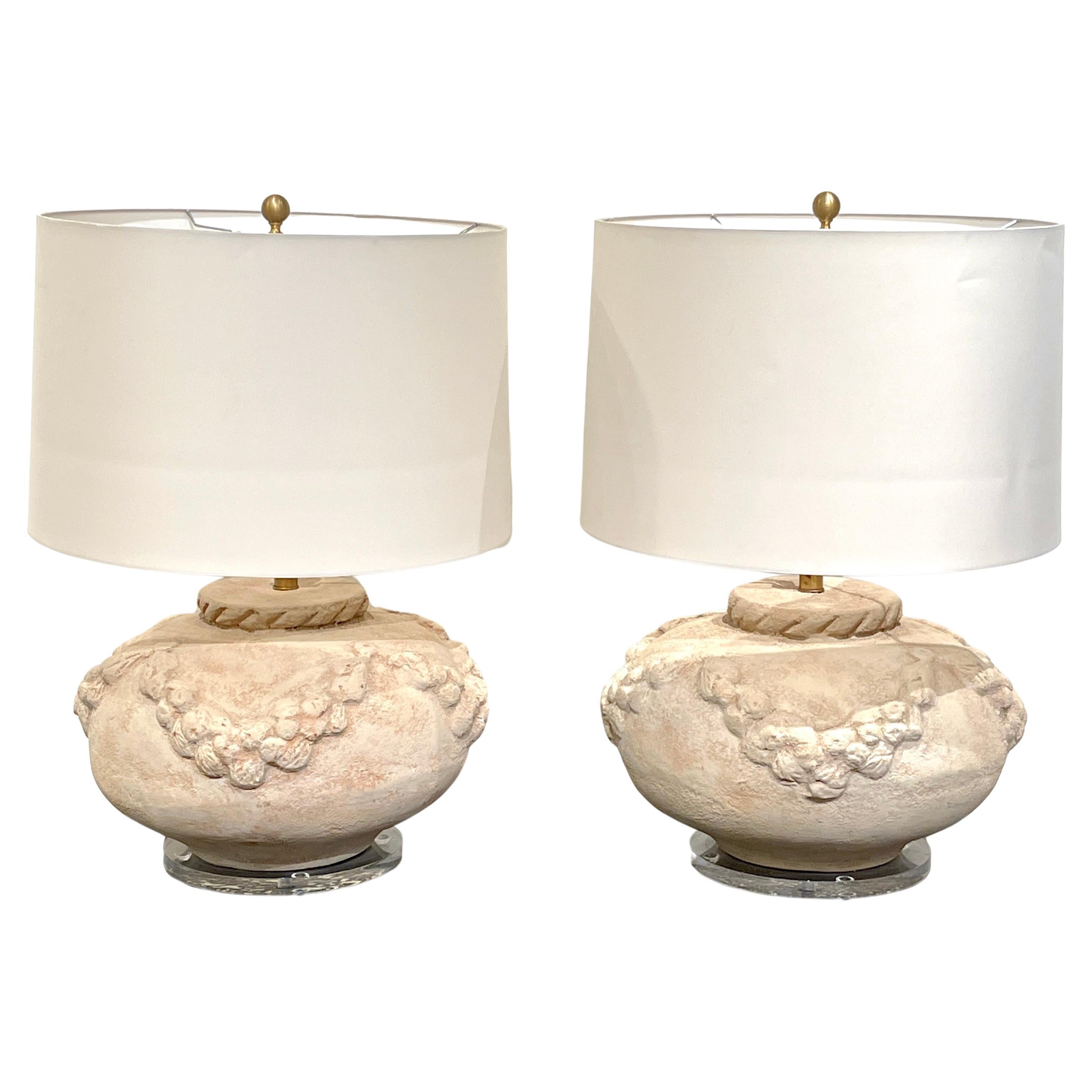 Pair of Large Scale Italian Neoclassical Terracotta & Lucite Lamps  For Sale