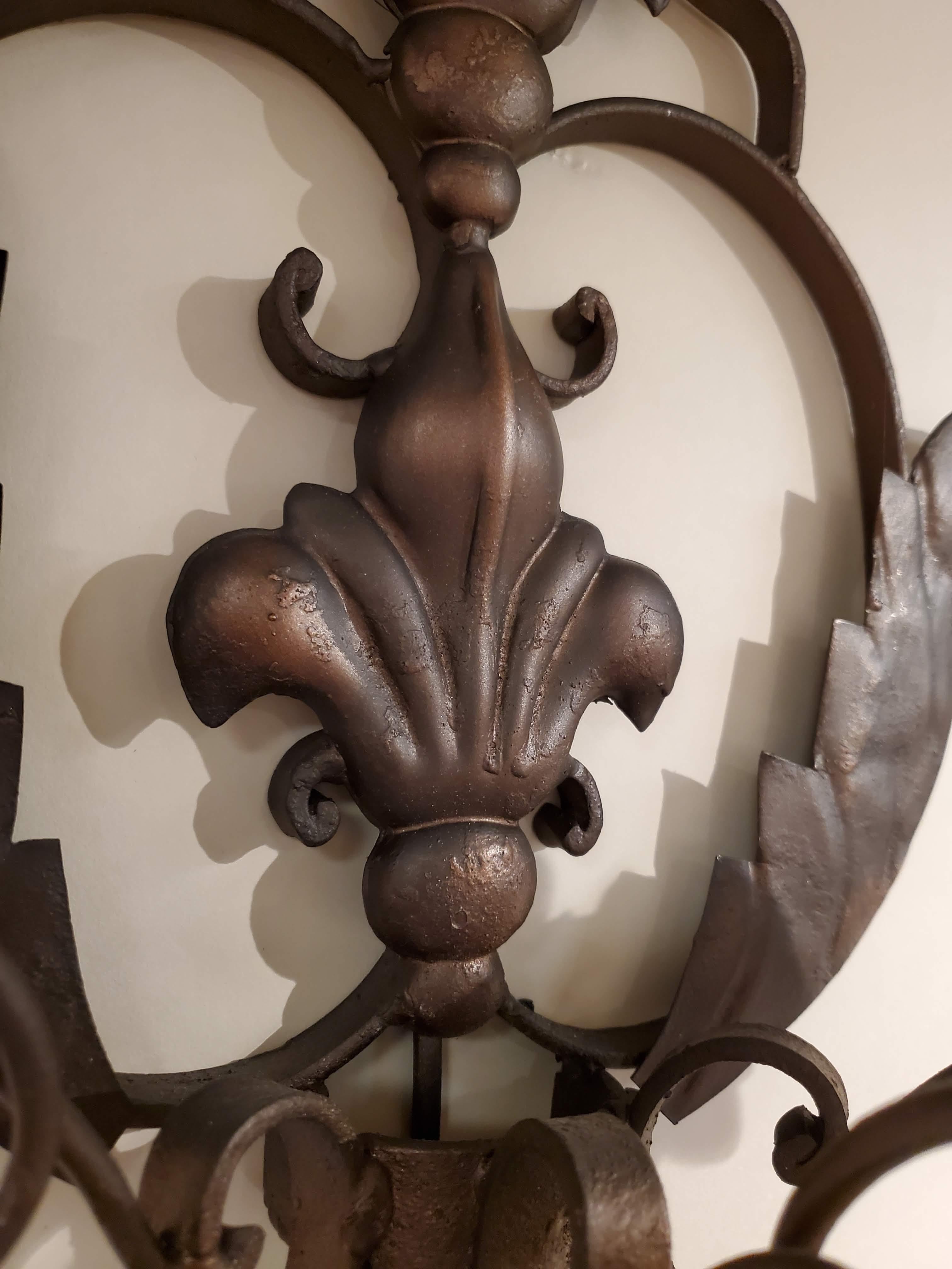 Pair of Large Scale Late 19th Century Italian Metal Wall Sconces with Leaf Motif For Sale 8