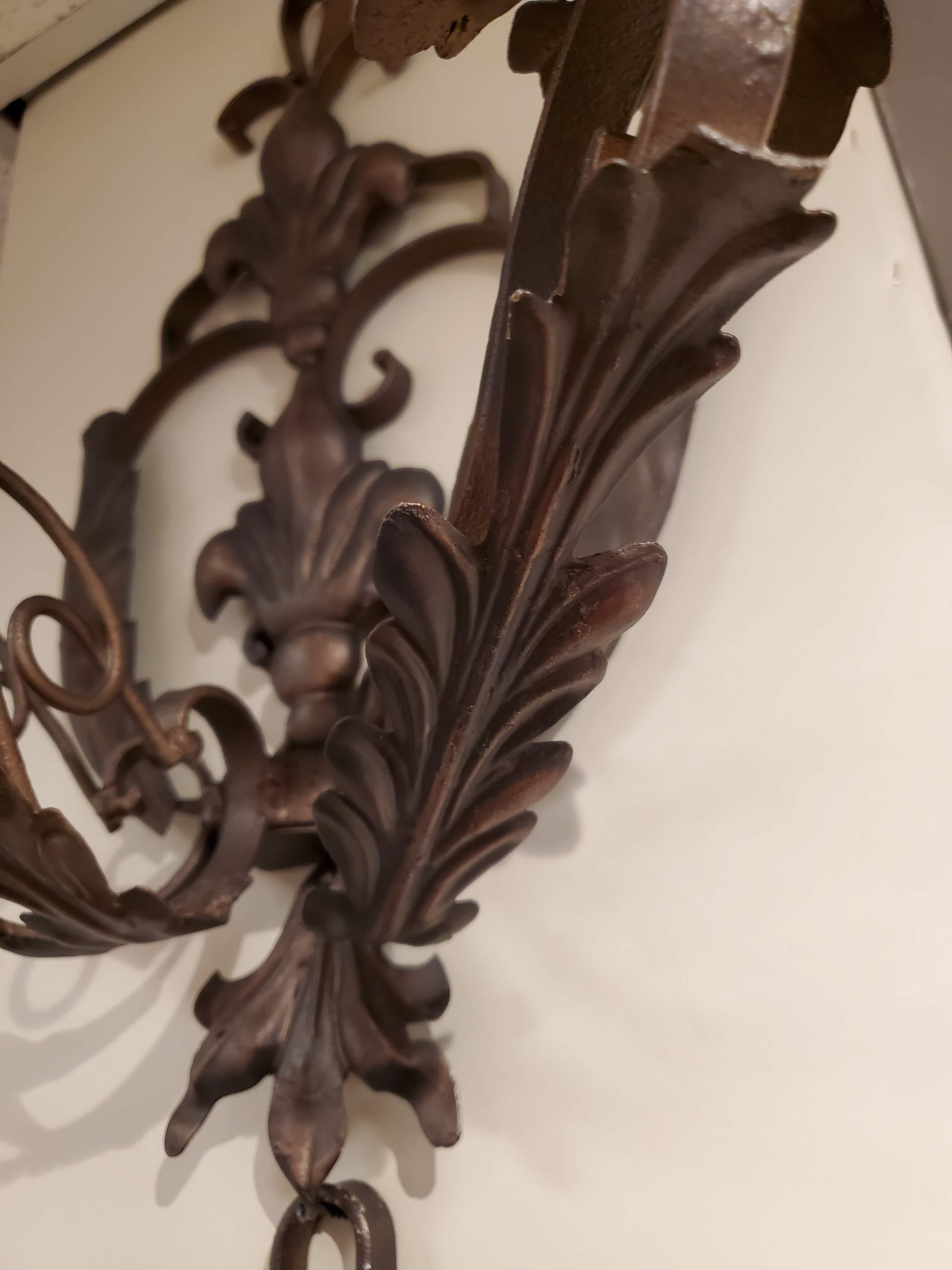 Pair of Large Scale Late 19th Century Italian Metal Wall Sconces with Leaf Motif For Sale 11