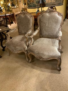 Pair of  Large Scale Louis XV-Style Paint and Gilt Arm Chairs, 19th C