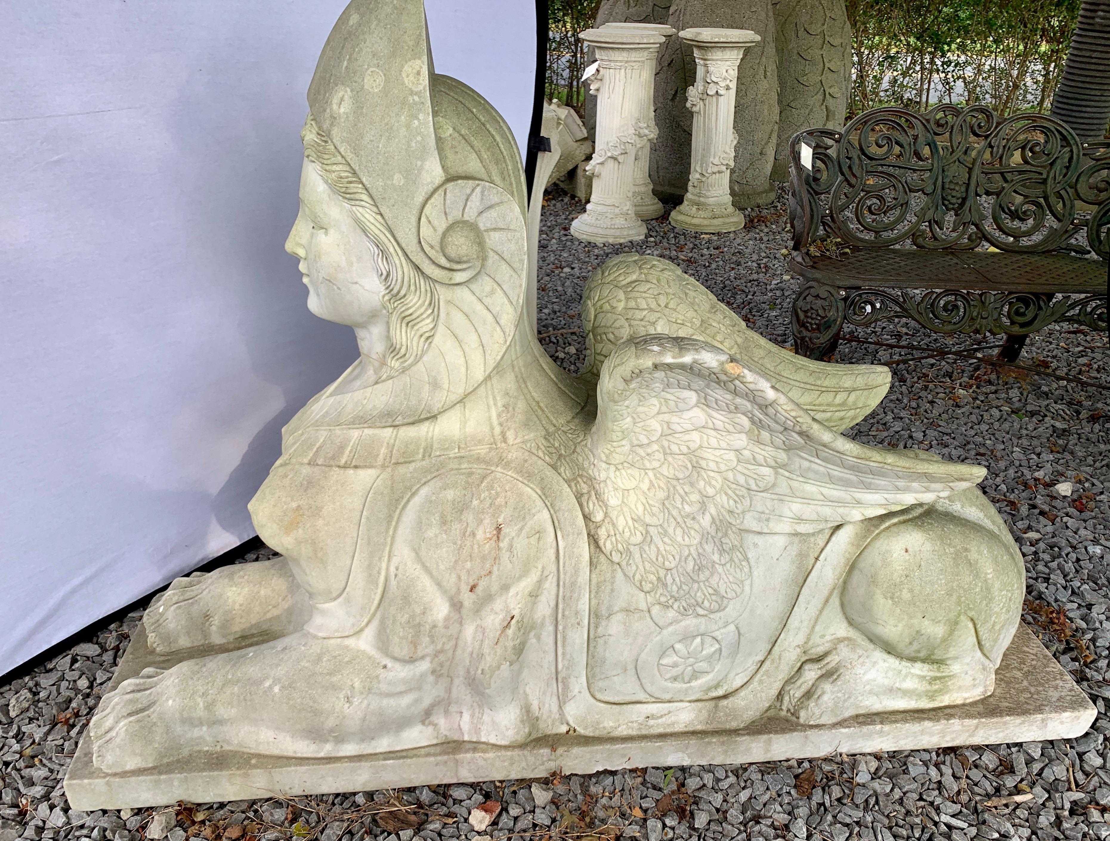 Pair of Large Scale Marble Sphinx Garden Statues Sculptures For Sale 2