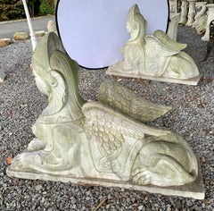 Pair of Large Scale Marble Sphinx Garden Statues Sculptures